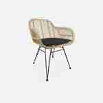 Table à manger en bois et métal 180cm + 4 chaises et 2 fauteuils en rotin naturel coussins noirs Photo3