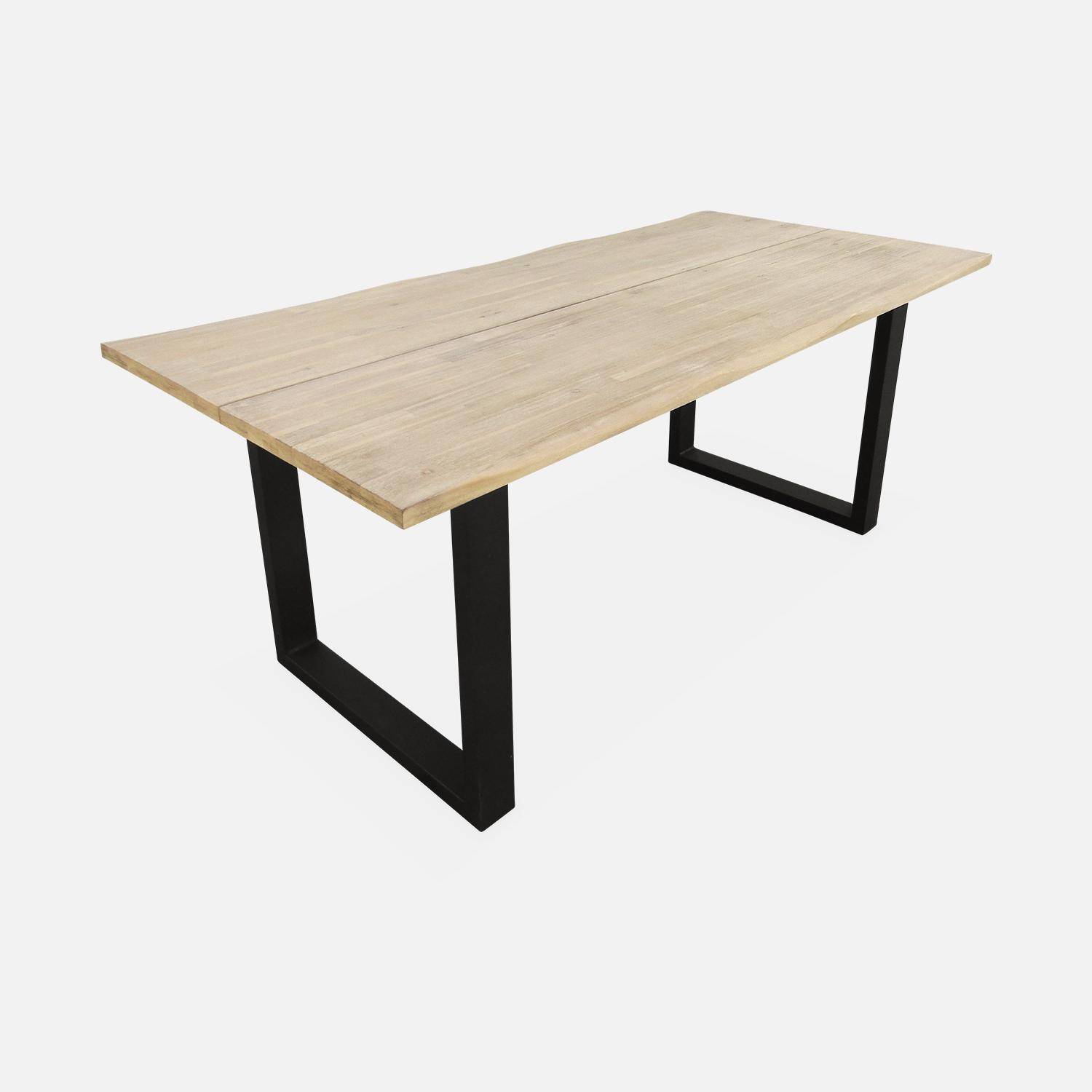 Table à manger en bois et métal 180cm + 4 chaises et 2 fauteuils en rotin naturel coussins noirs Photo2