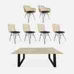 Table à manger en bois et métal 180cm + 4 chaises et 2 fauteuils en rotin naturel coussins noirs Photo1