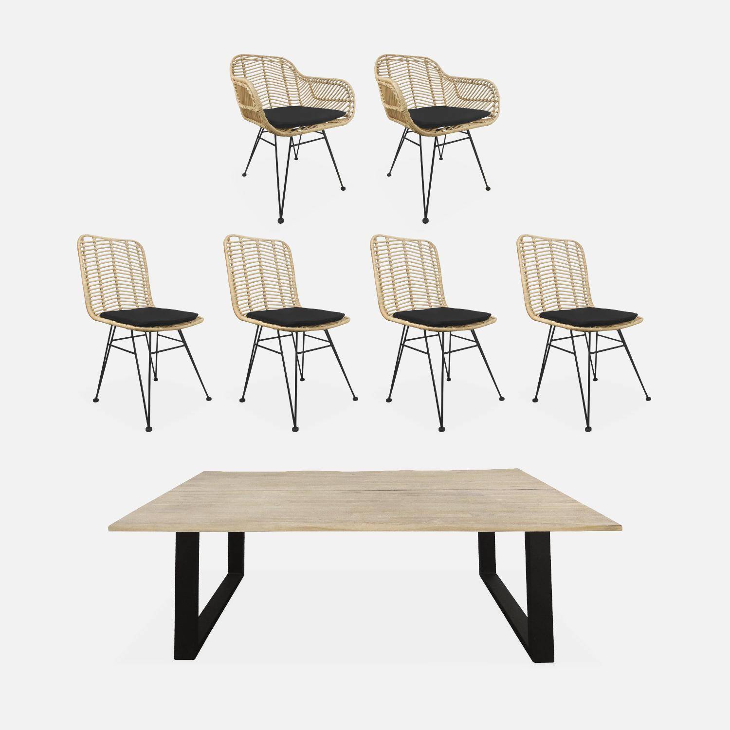 Table à manger en bois et métal 180cm + 4 chaises et 2 fauteuils en rotin naturel coussins noirs Photo1