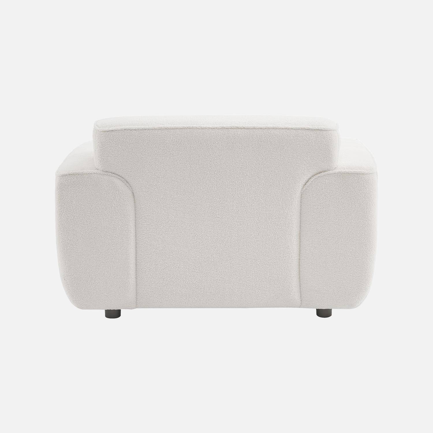 Fauteuil tissu bouclette blanche, lignes arrondis, coussin fourni, Wallas, L 116 x P 97 x H 73cm Photo4