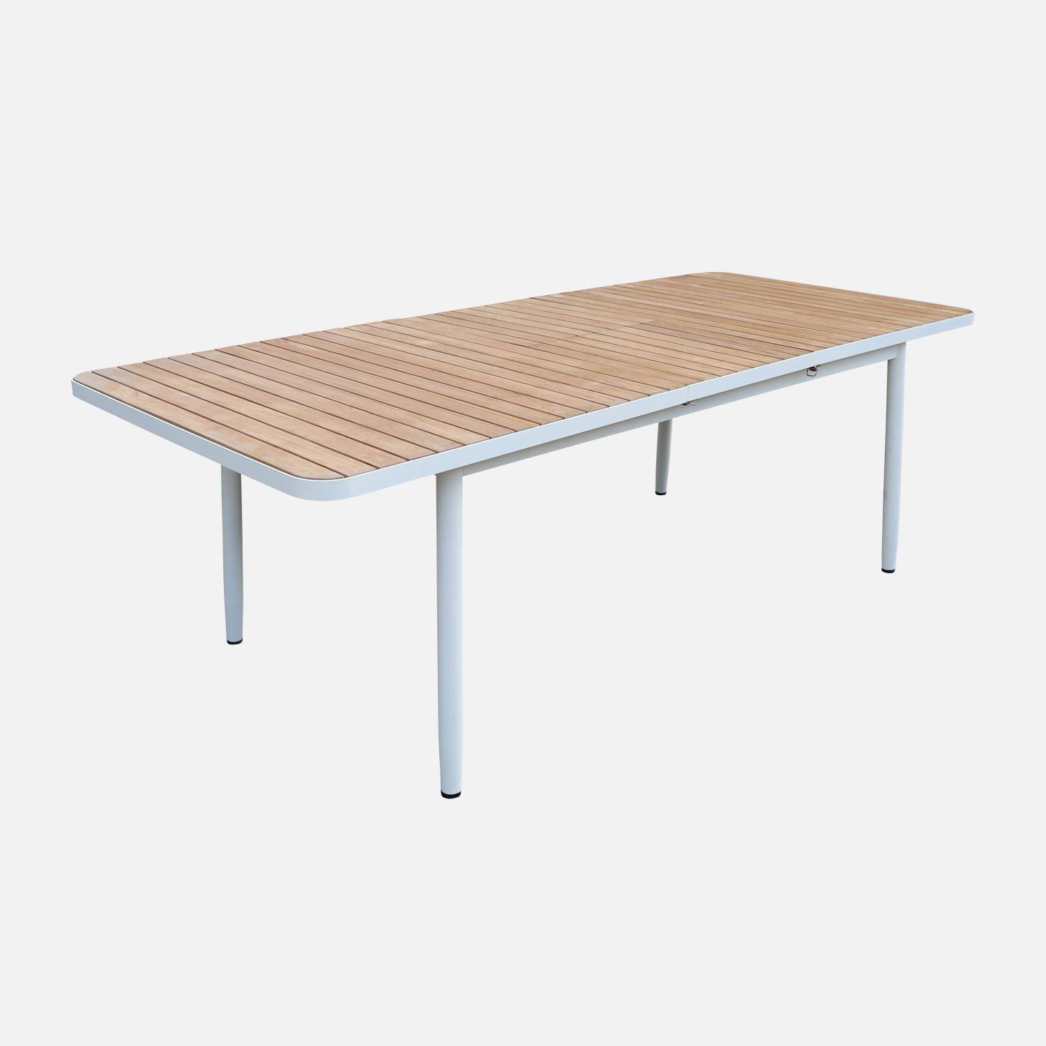Table de jardin extensible en bois teck, structure aluminium blanc 8 places  Photo1