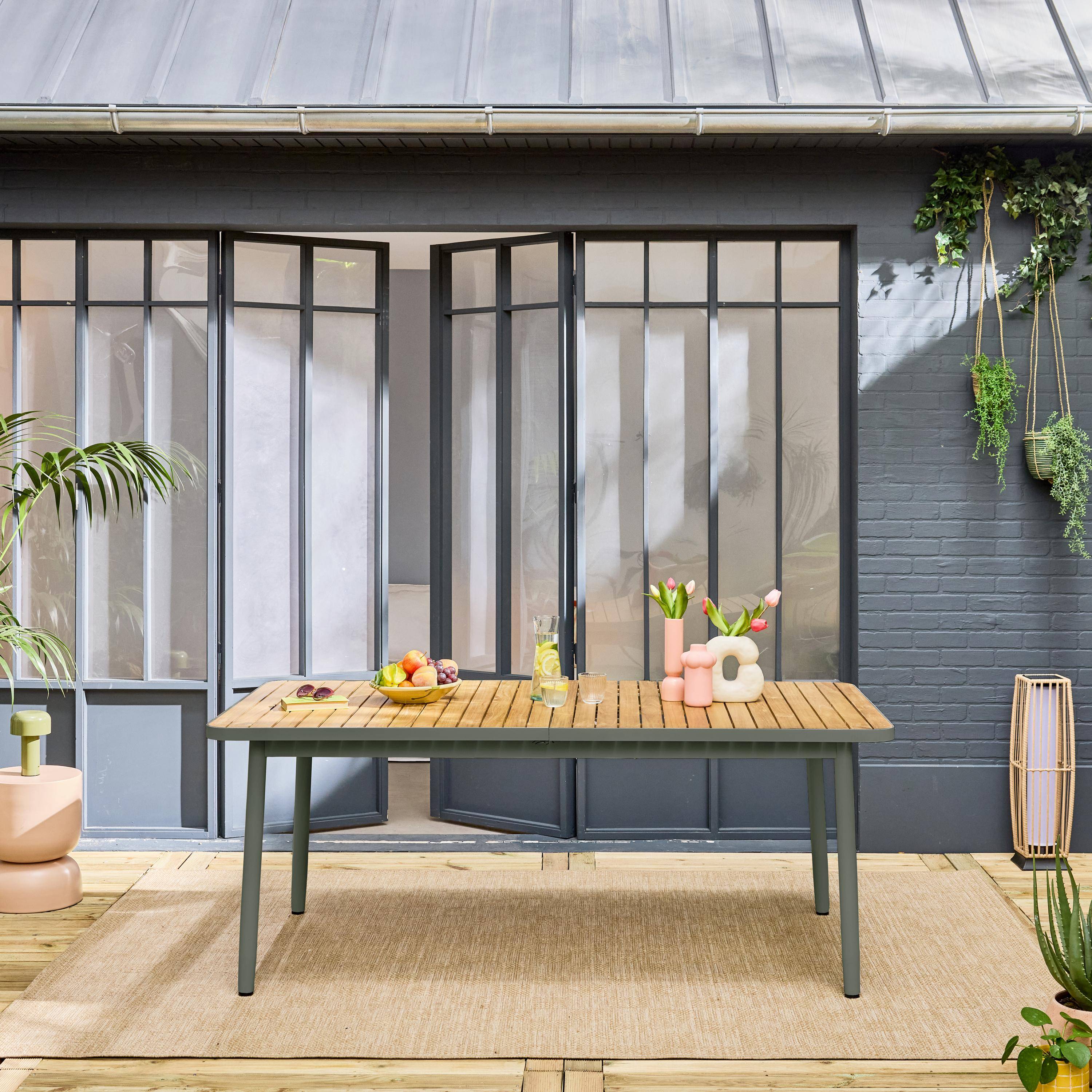 Table de jardin extensible en bois teck, structure aluminium savane, 8 places ,sweeek,Photo1