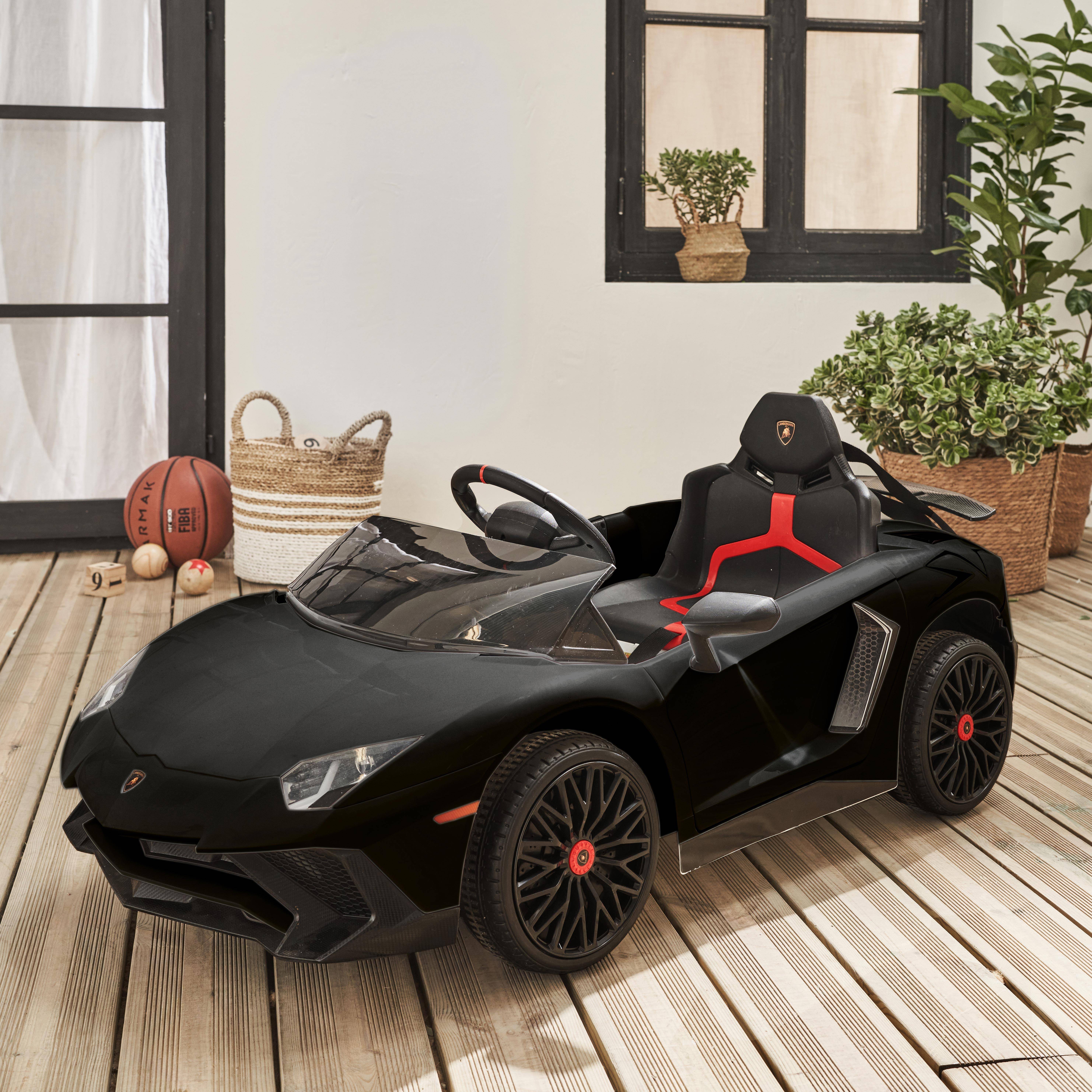 12V Elektroauto für Kinder Lamborghini, schwarz, 1 Sitzer, mit Autoradio, Fernbedienung, MP3, USB-Anschluss und funktionierenden Scheinwerfern,sweeek,Photo1
