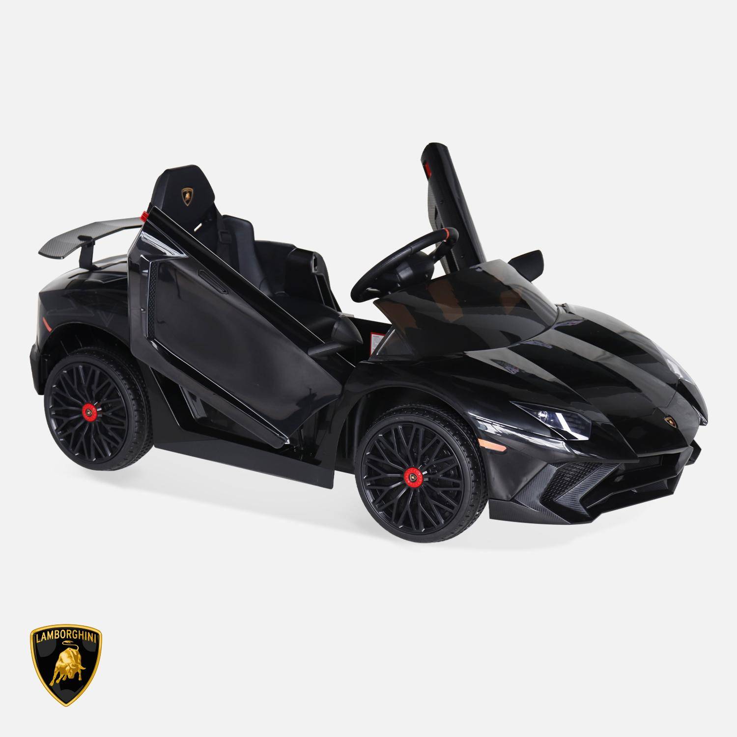 12V Elektroauto für Kinder Lamborghini, schwarz, 1 Sitzer, mit Autoradio, Fernbedienung, MP3, USB-Anschluss und funktionierenden Scheinwerfern,sweeek,Photo2