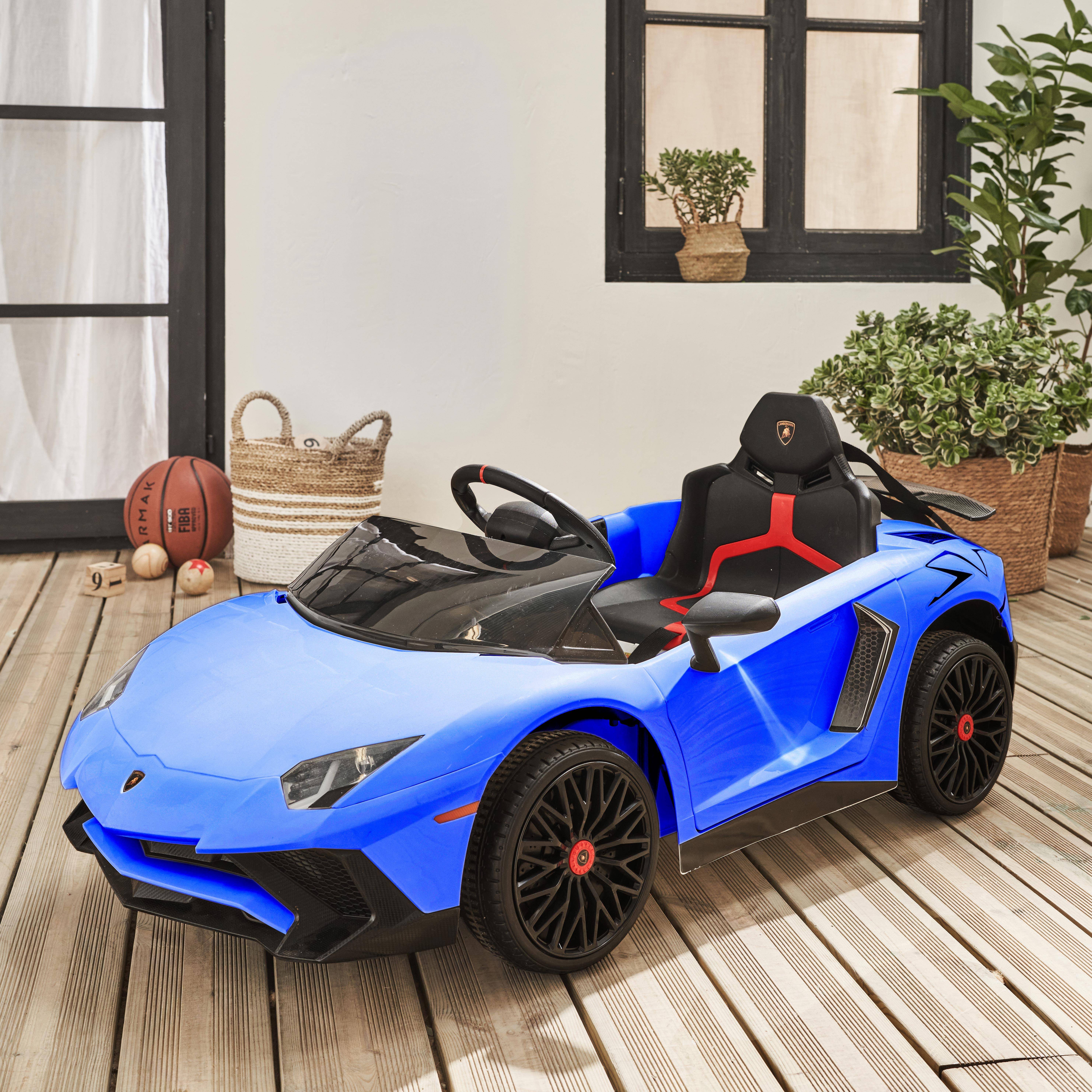 Voiture électrique 12V pour enfant Lamborghini, bleu, 1 place, avec autoradio, télécommande, MP3, port USB et phares fonctionnels,sweeek,Photo1
