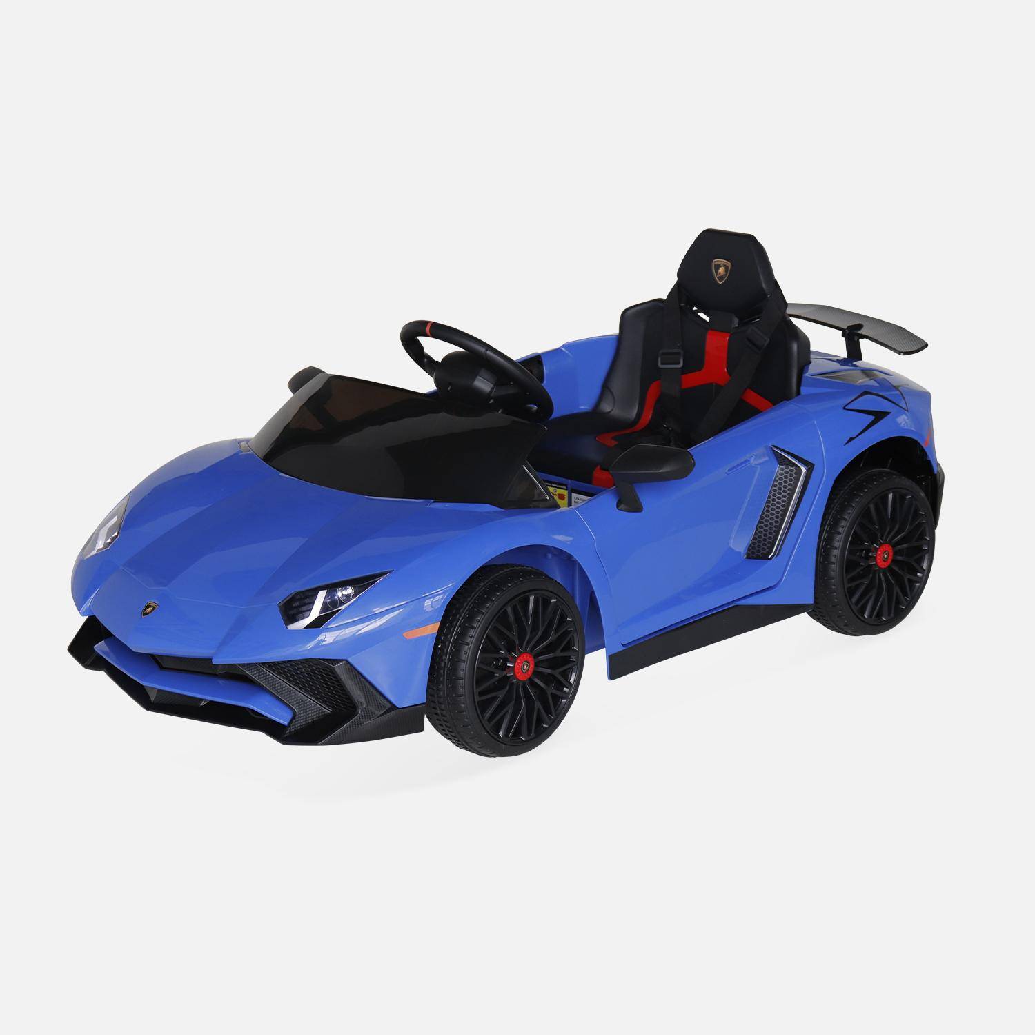 12V Elektroauto für Kinder Lamborghini, blau, 1 Sitzer, mit Autoradio, Fernbedienung, MP3, USB-Anschluss und funktionierenden Scheinwerfern,sweeek,Photo3