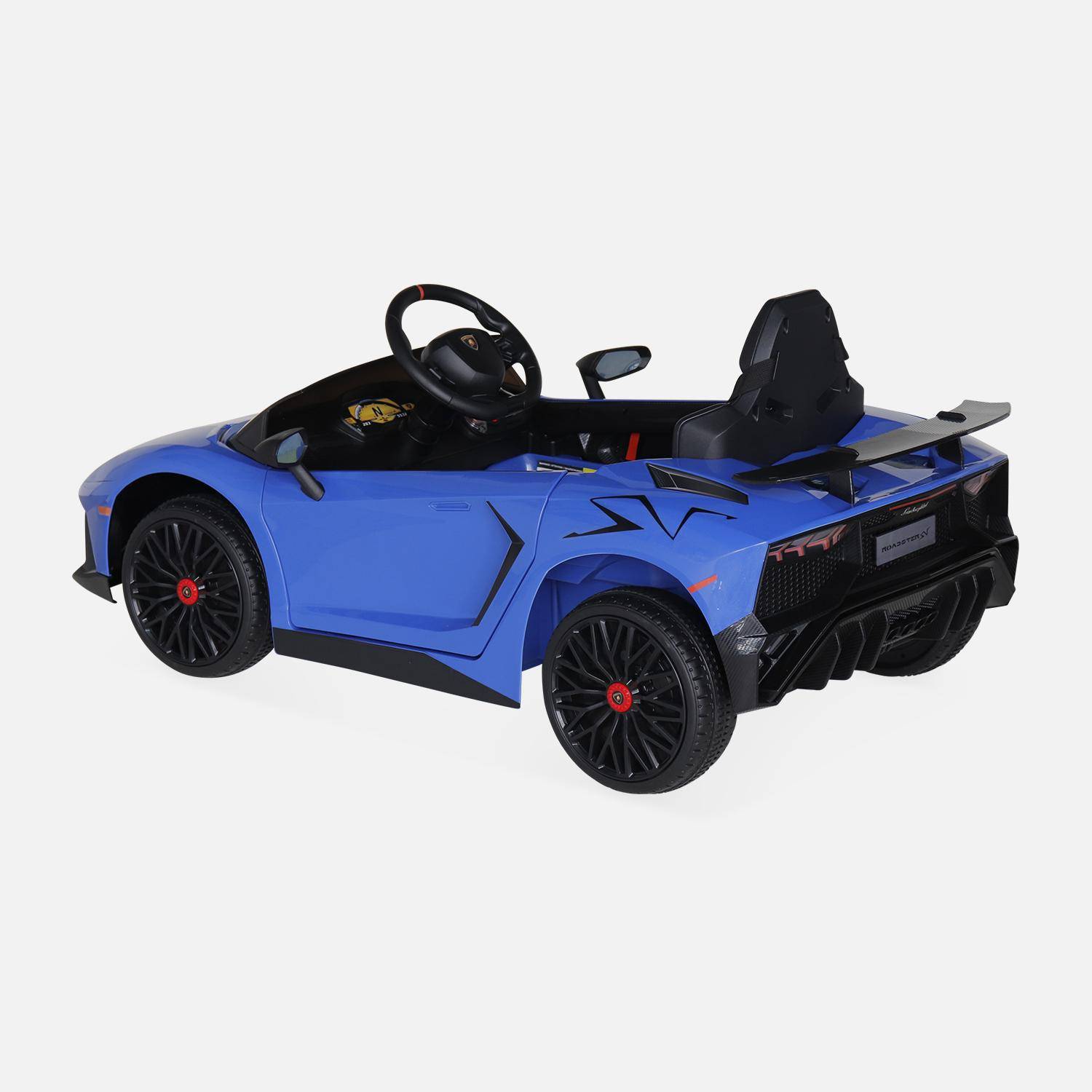 12V Elektroauto für Kinder Lamborghini, blau, 1 Sitzer, mit Autoradio, Fernbedienung, MP3, USB-Anschluss und funktionierenden Scheinwerfern,sweeek,Photo4