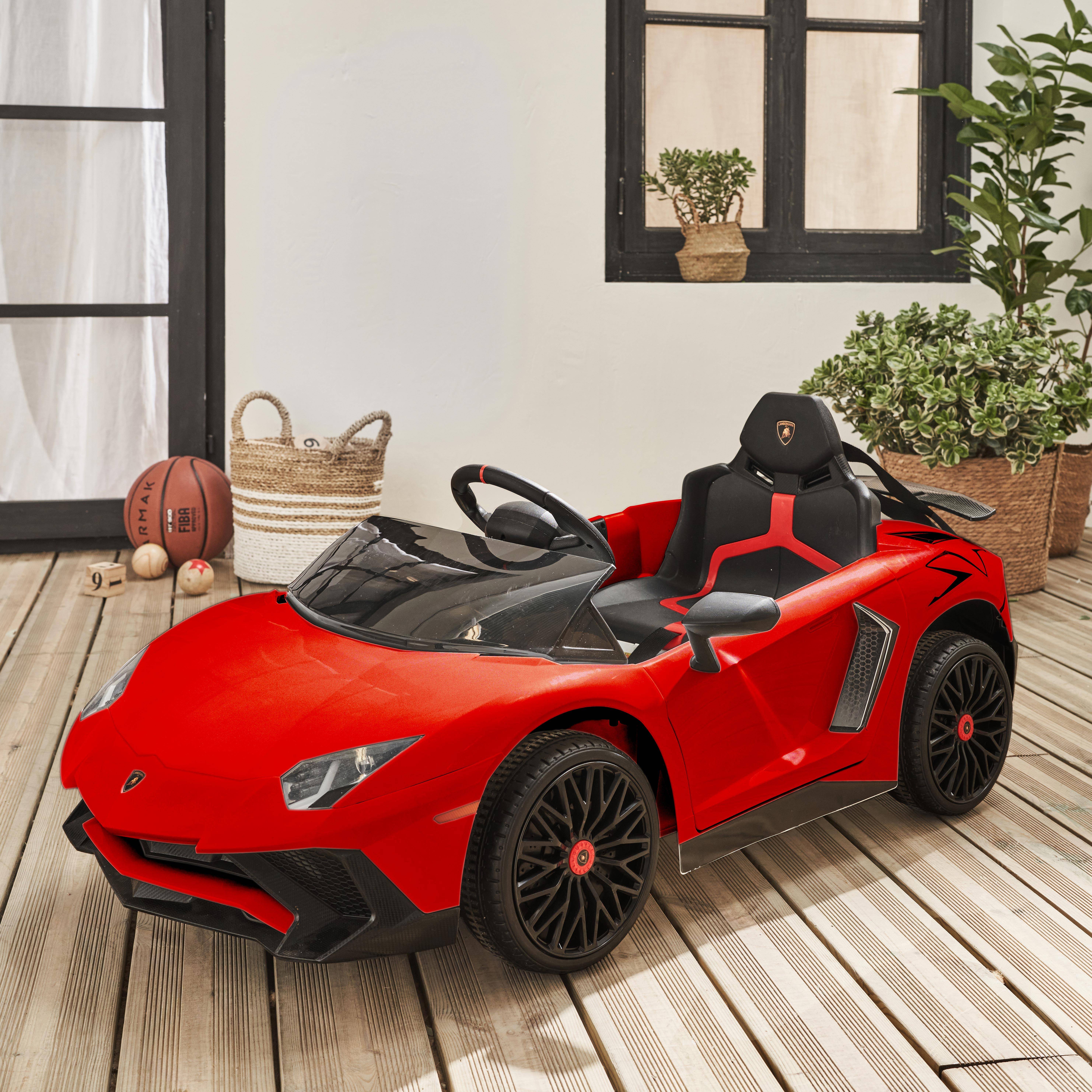 12V Lamborghini elektrische kinderauto, rood, 1 zitplaats, met autoradio, afstandsbediening, MP3, USB-poort en functionele koplampen Photo1