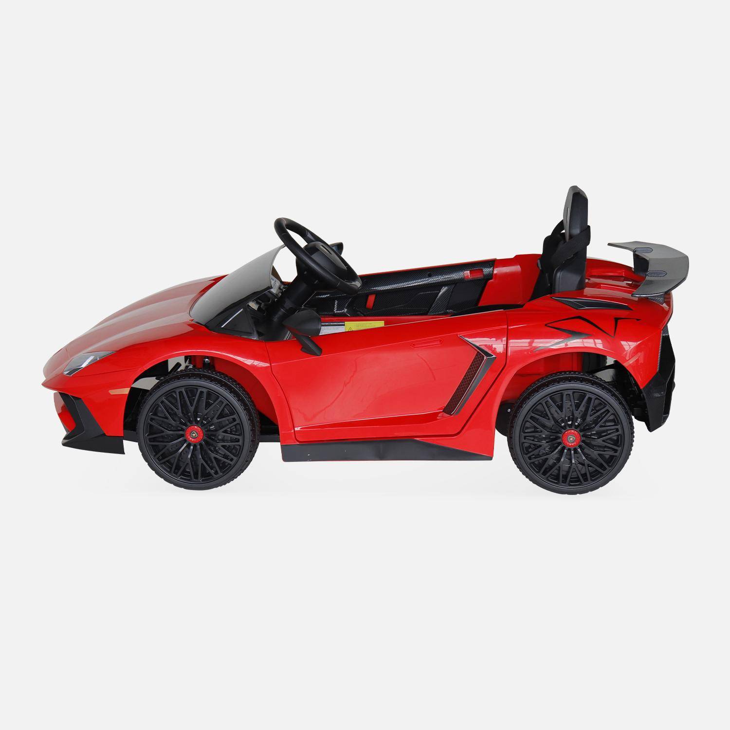 12V Lamborghini elektrische kinderauto, rood, 1 zitplaats, met autoradio, afstandsbediening, MP3, USB-poort en koplampen. Snelle levering, 2 jaar garantie. Photo4