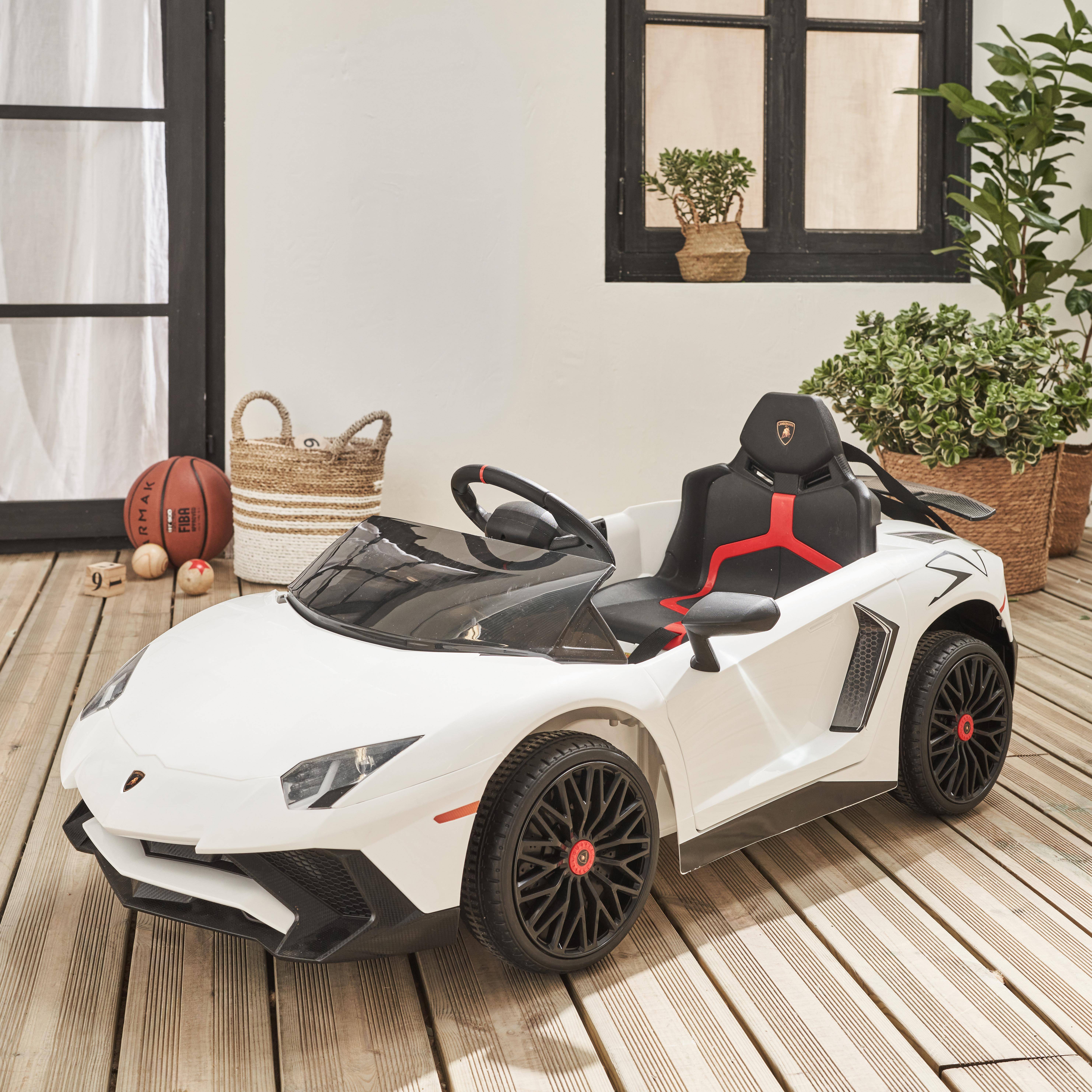 12V Lamborghini elektrische kinderauto, wit, 1 zitplaats, met radio, afstandsbediening, MP3, USB-poort en functionele koplampen Photo1