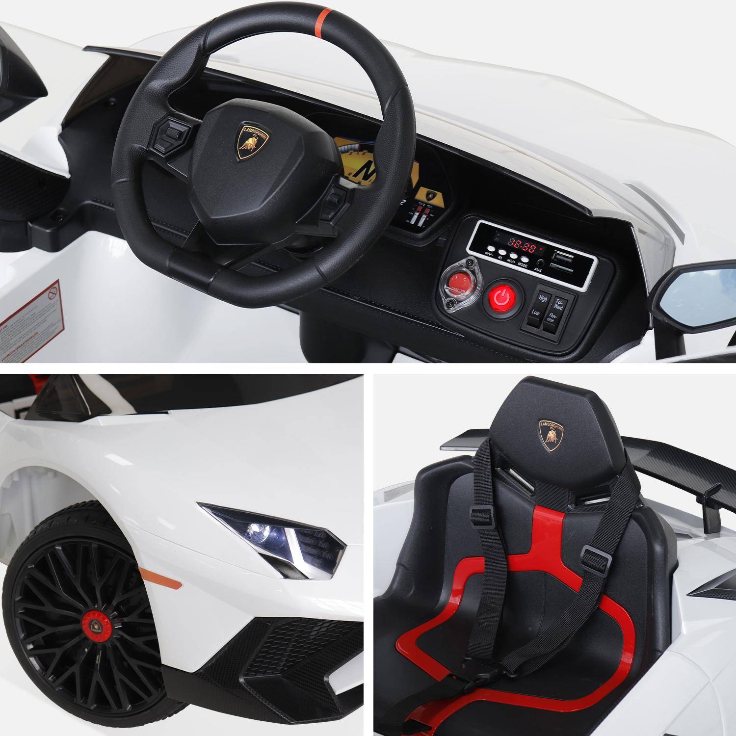 12V Lamborghini elektrische kinderauto, wit, 1 zitplaats, met radio, afstandsbediening, MP3, USB-poort en functionele koplampen Photo7