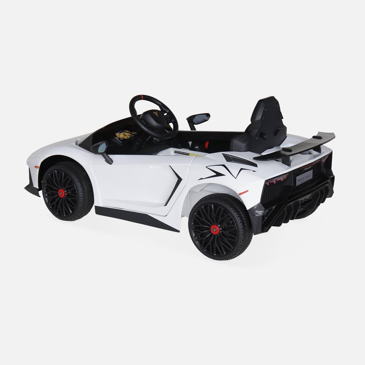 12V Lamborghini elektrische kinderauto, wit, 1 zitplaats, met radio, afstandsbediening, MP3, USB-poort en functionele koplampen Photo4