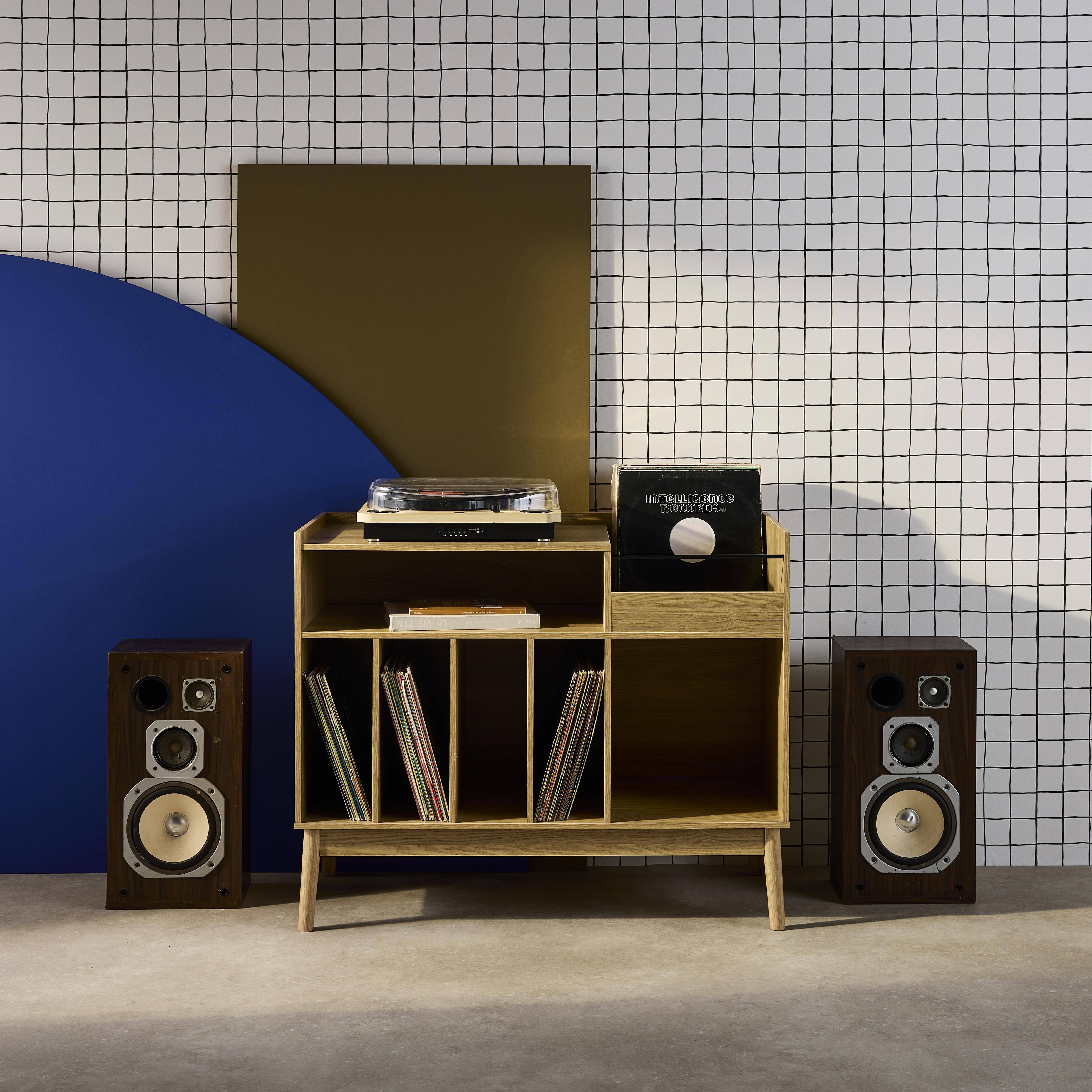 Mueble vinilo vintage con decoración madera, 100cm, Dune, Natural, 100x48x81.5 cm Photo1
