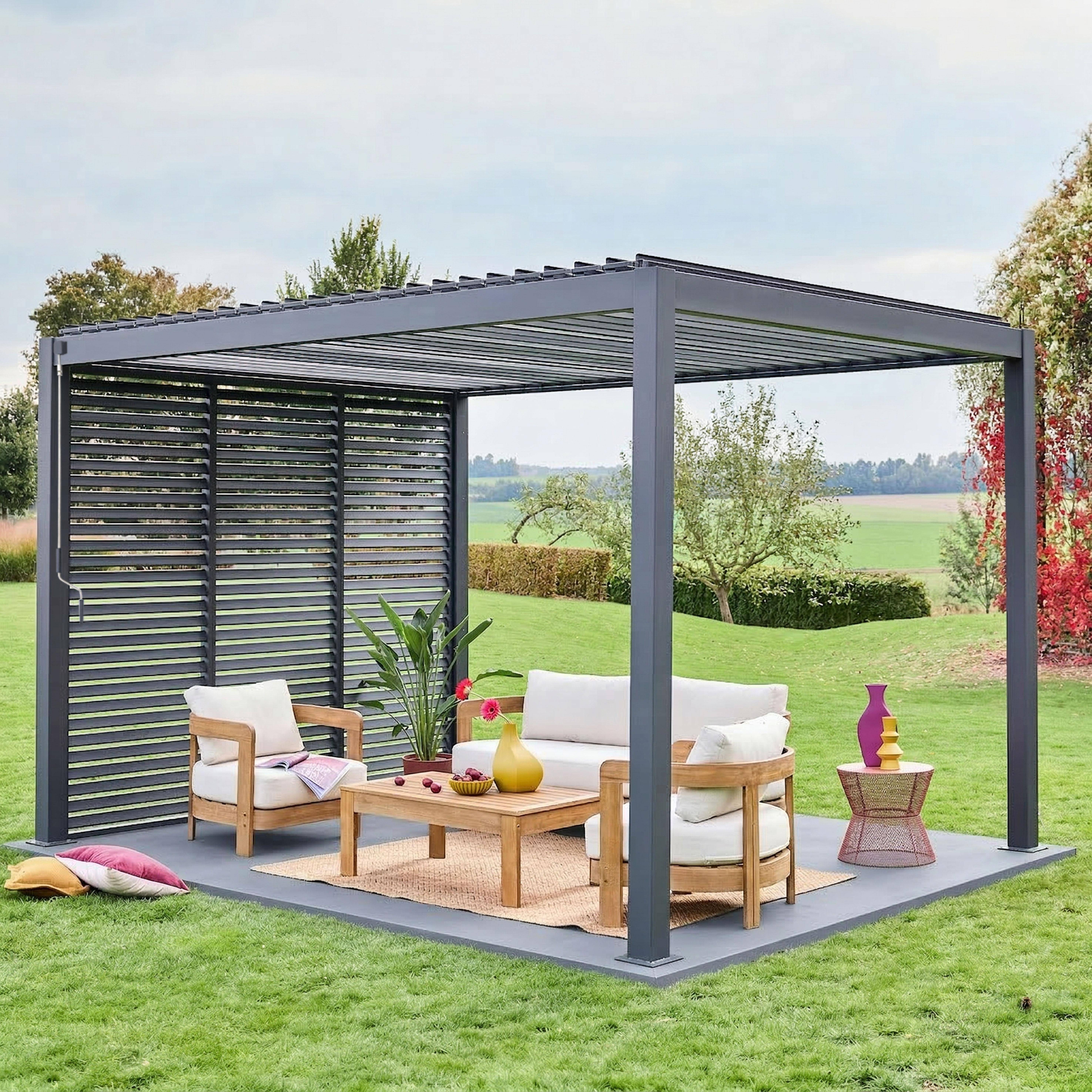 Pergola bioclimatica 3x4 in alluminio + 3 tende da 100cm, Antracite Photo1
