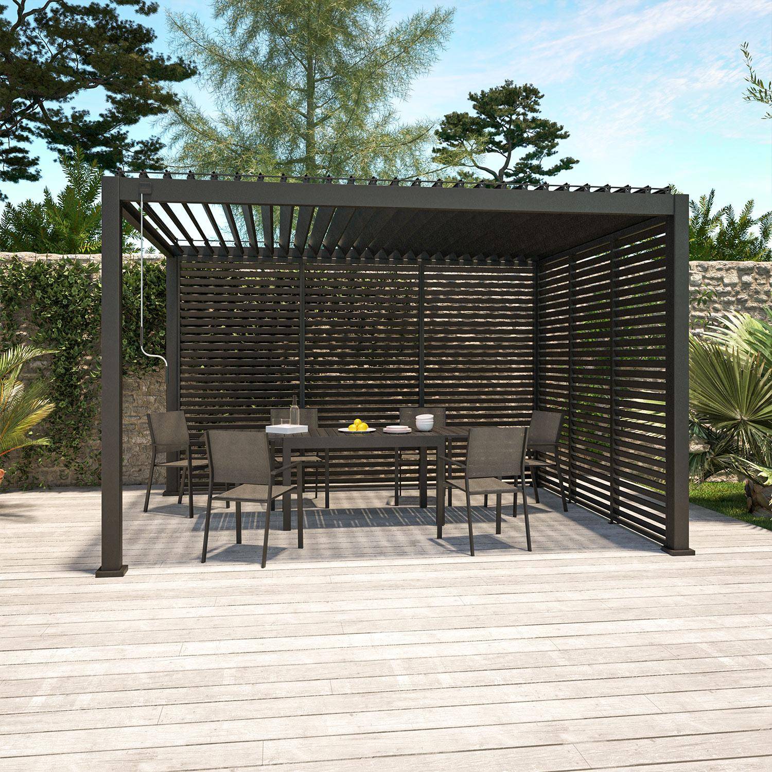 Pergola bioclimatique Triomphe 3x4 + 3 persiennes 130cm pour le côté de 4m, panneau brise vue, L 400 x P 300 x H 250 cm Photo1
