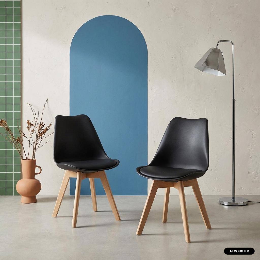 Pair of  Scandi-style dining chairs with wooden legs, Nils, Black, 47x55x81 cm Photo1