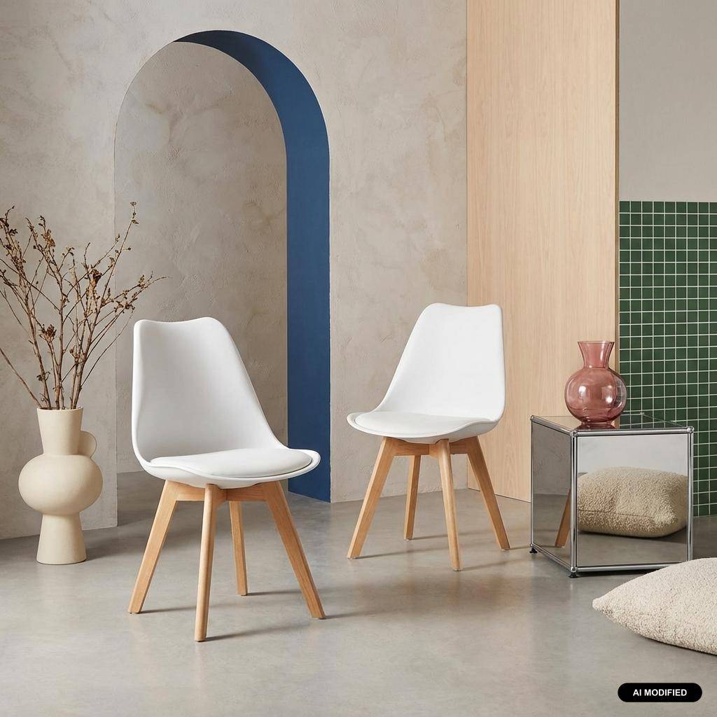 Pair of  Scandi-style dining chairs with wooden legs, Nils, White, 47x55x81 cm Photo1