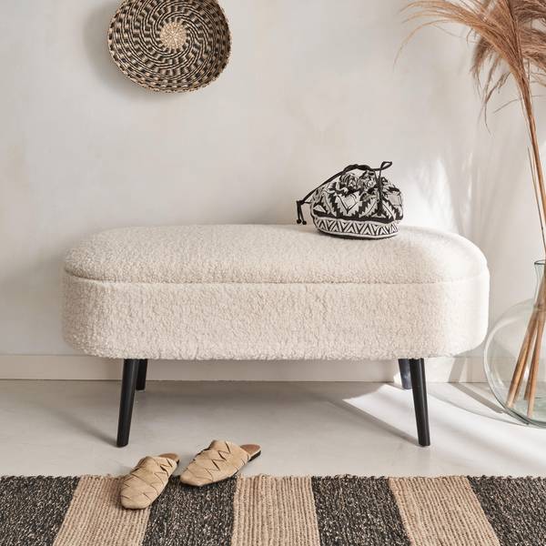 Banc Bout De Lit Bouclette Crème Shawn – 100 Cm – 1 Ou 2 Places – Bois Eucalyptus & Tissu Doux – Sweeek