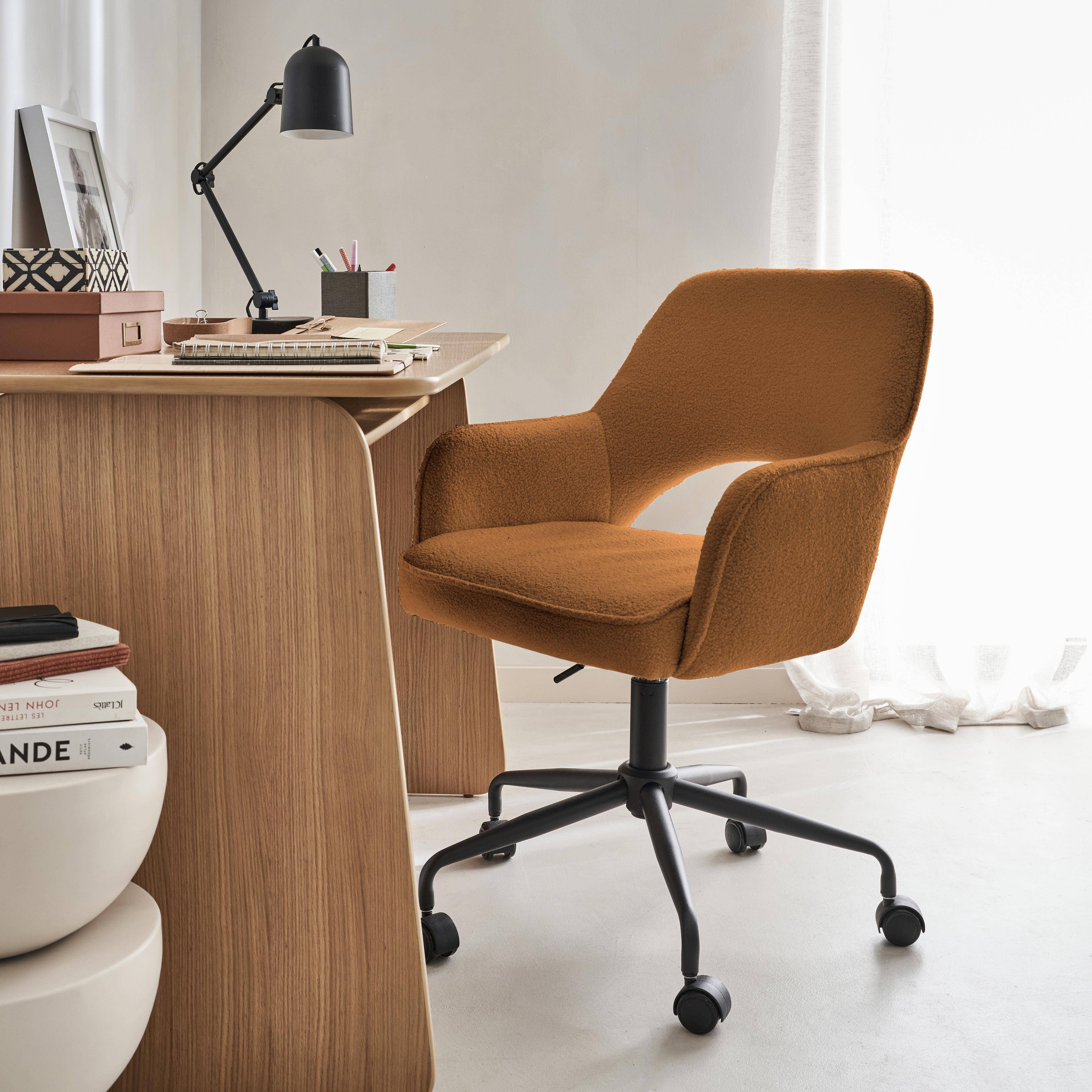 Bürostuhl mit Rollen und Bouclé-Bezug, ockerfarben, Jim, B 60 x T 62 x H 89 / 99 cm,sweeek,Photo1