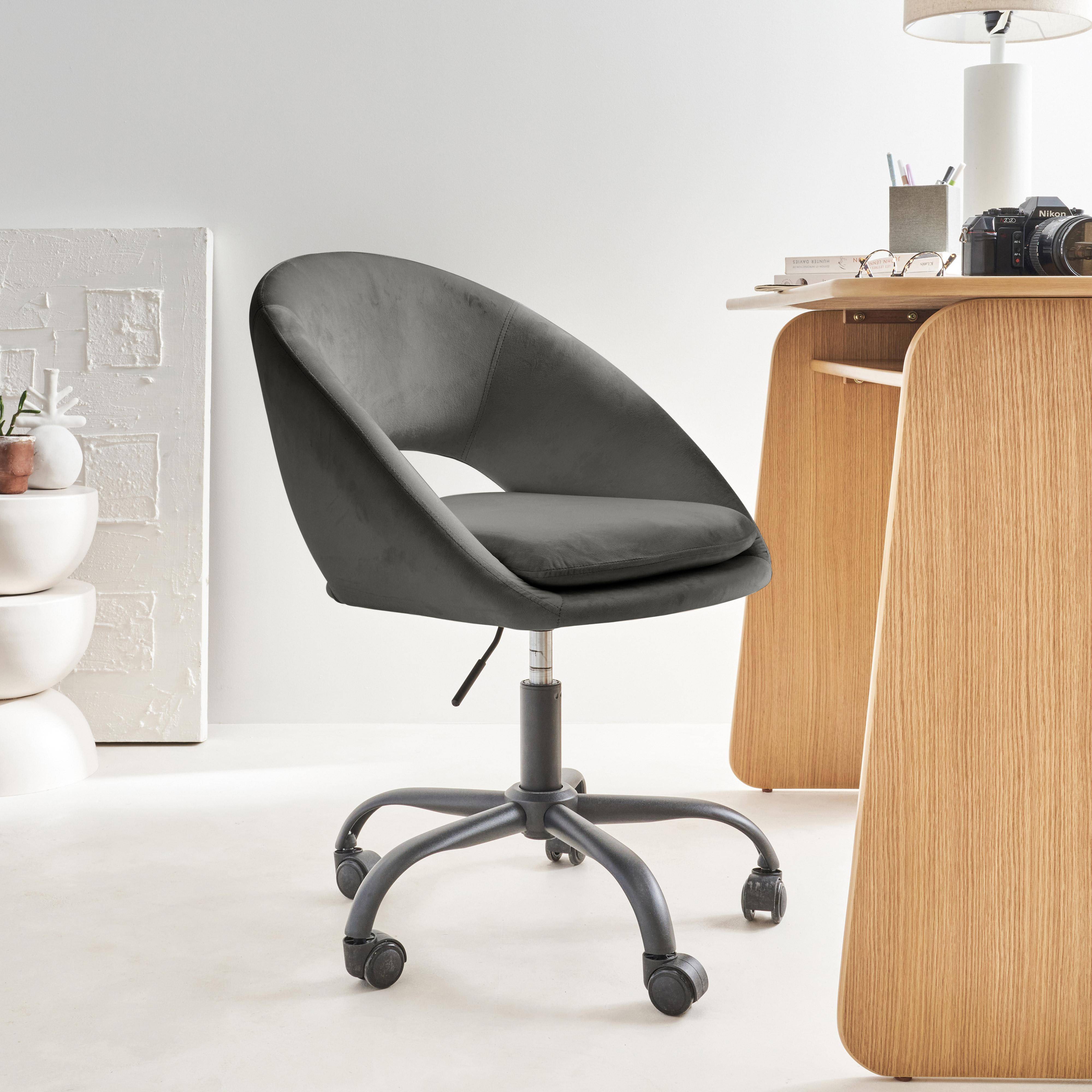 Chaise de bureau ronde à roulettes en velours gris, Pam, L 59 x P 60 x H 79 / 89cm,sweeek,Photo1