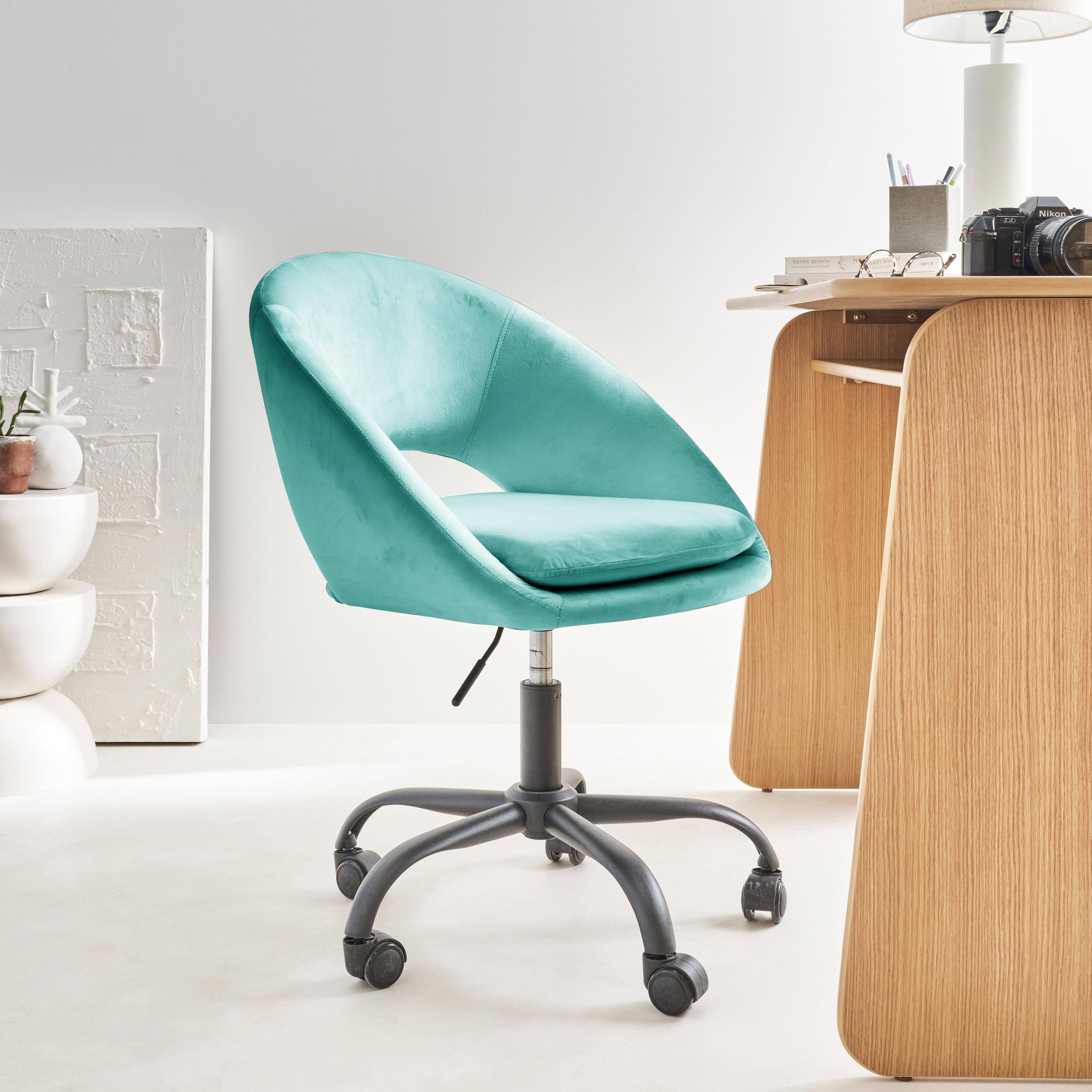 Cadeira de escritório redonda com rodízios em veludo azul, Pam, L 59 x P 60 x A 79 / 89cm.,sweeek,Photo1