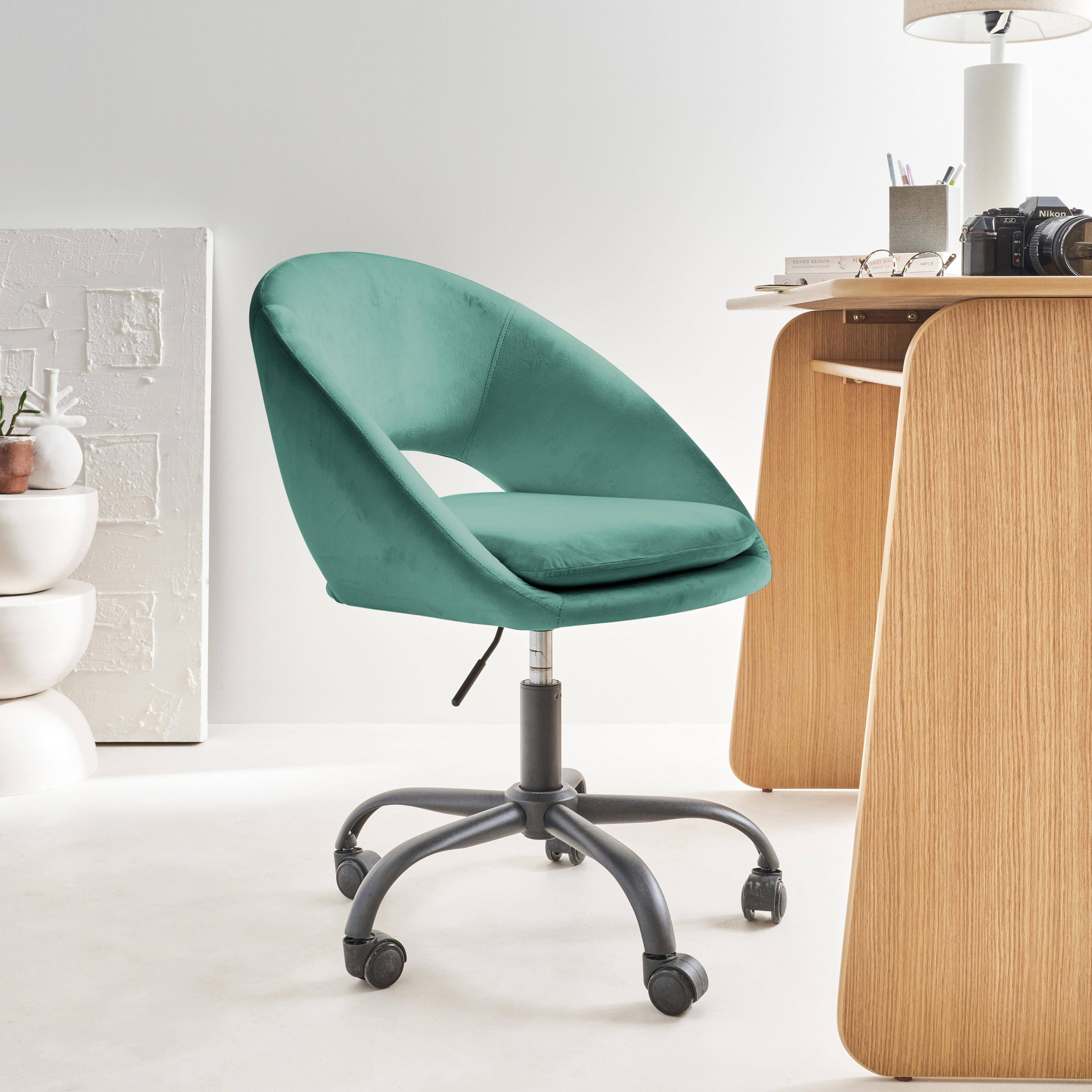 Ronde bureaustoel met wielen in blauw velours, Pam, B 59 x D 60 x H 79 / 89cm,sweeek,Photo2