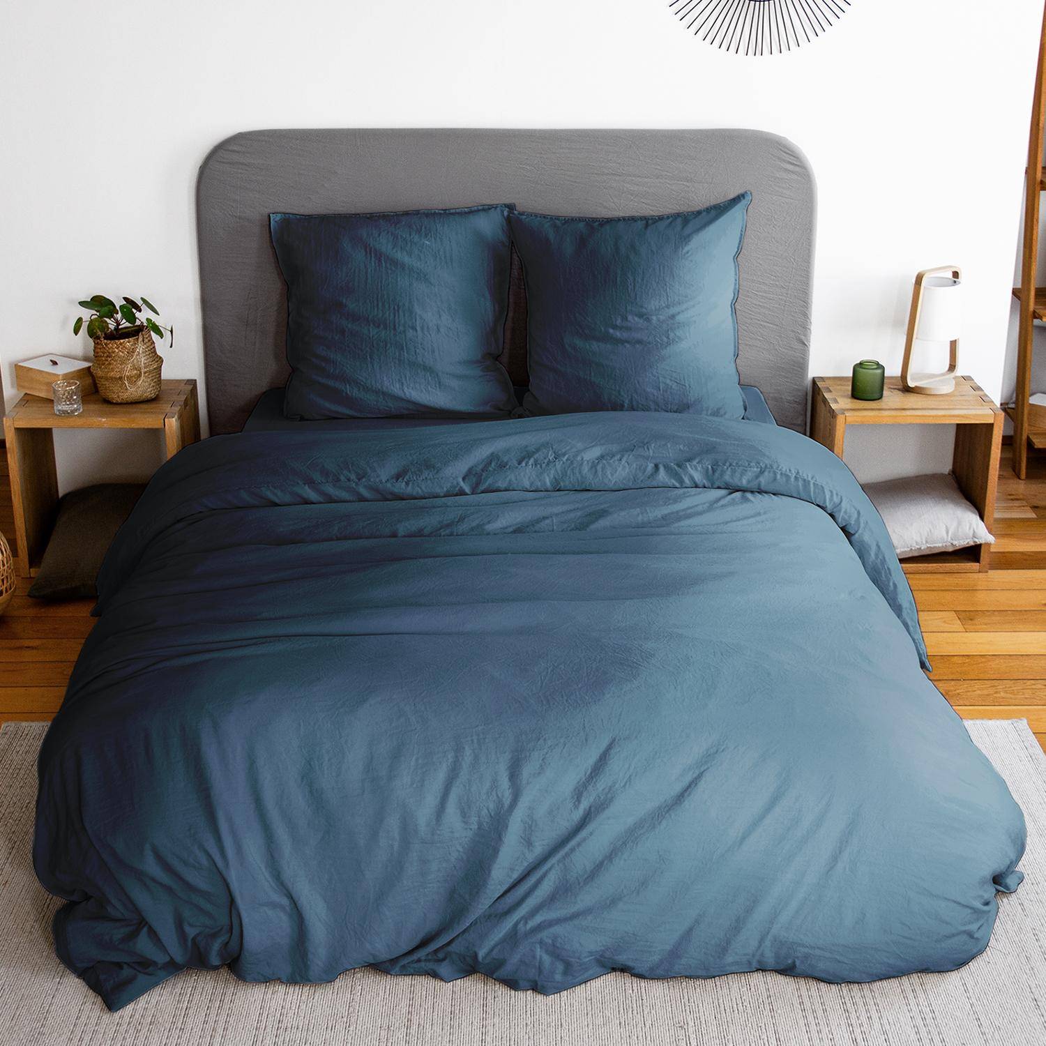 Parure de lit en microfibre lavée, bleu nuit, 240 x 220cm pour lit 2 places avec 1 housse de couette et 2 taies d'oreillers Photo1