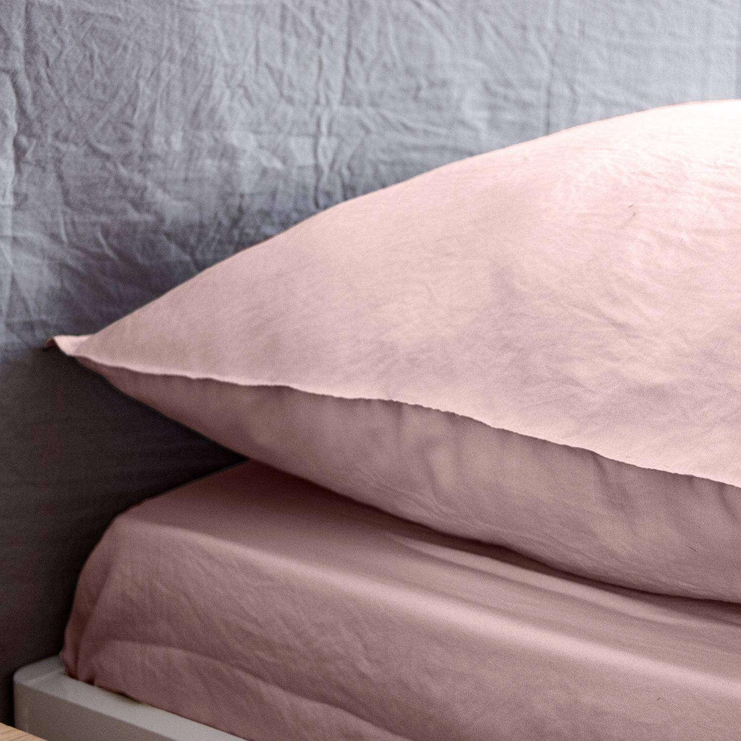 Parure de lit en microfibre lavée, rose poudré, 240 x 220cm pour lit 2 places avec 1 housse de couette et 2 taies d'oreillers Photo2