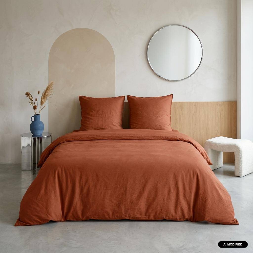 Parure de lit en microfibre lavée, terracotta, 240 x 220cm pour lit 2 places avec 1 housse de couette et 2 taies d'oreillers Photo1