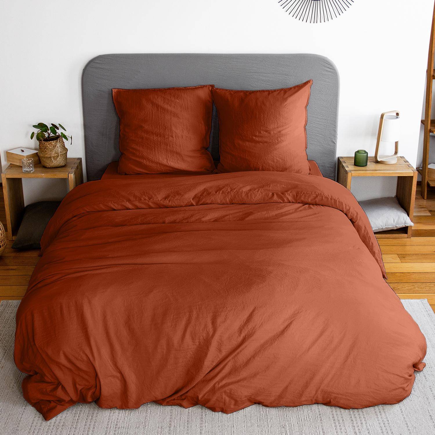 Parure de lit en microfibre lavée, terracotta, 240 x 220cm pour lit 2 places avec 1 housse de couette et 2 taies d'oreillers Photo1