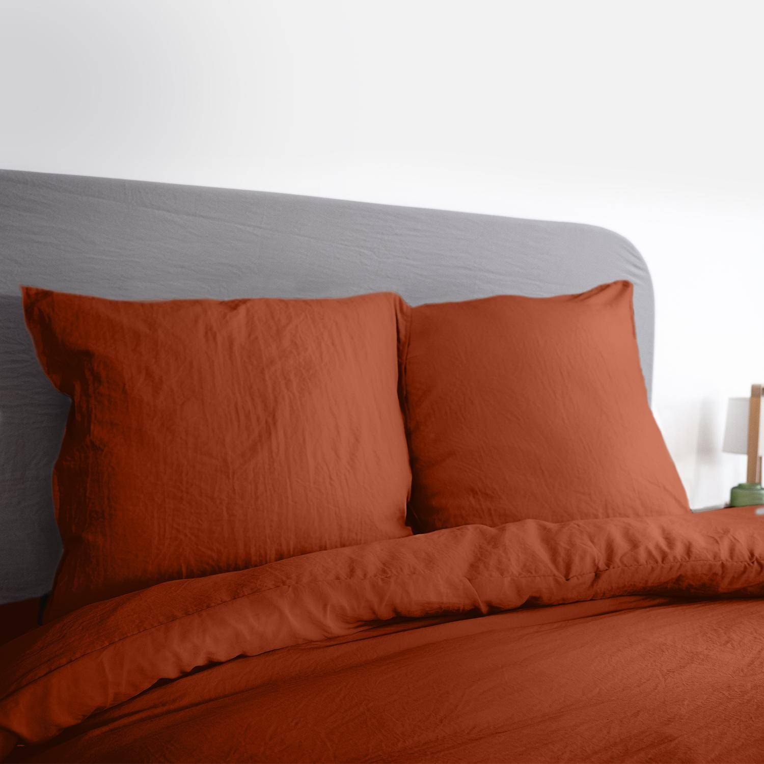 Bettwäsche-Set aus vorgewaschener Mikrofaser in terrakotta 240 x 220 cm für Doppelbetten, 1 Bettbezug und 2 Kissenbezüge,sweeek,Photo2