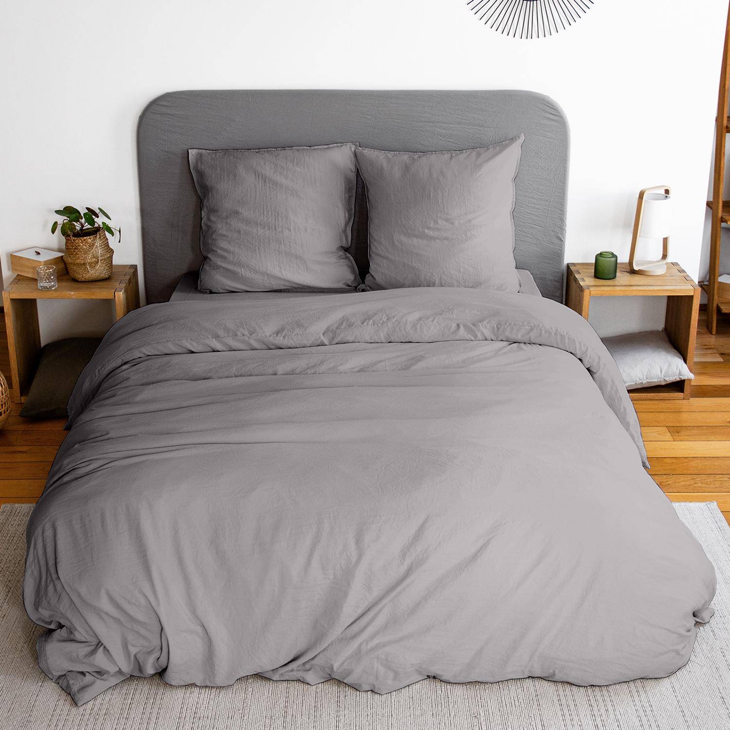 Parure de lit en microfibre lavée anthracite 260 x 240cm pour lit 2 places avec 1 housse de couette et 2 taies d'oreillers Photo1