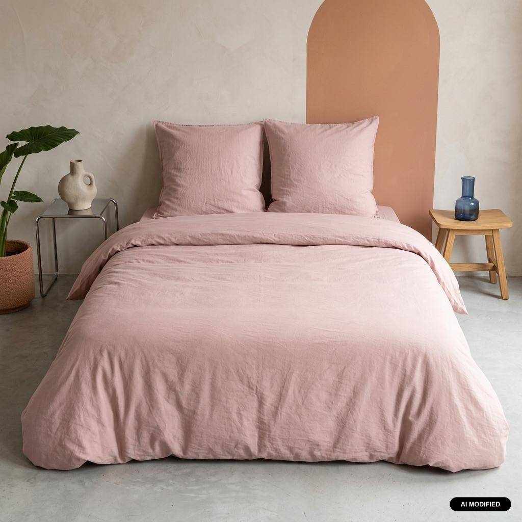 Parure de lit en microfibre lavée, rose poudré, 260 x 240cm pour lit 2 places avec 1 housse de couette et 2 taies d'oreillers Photo1