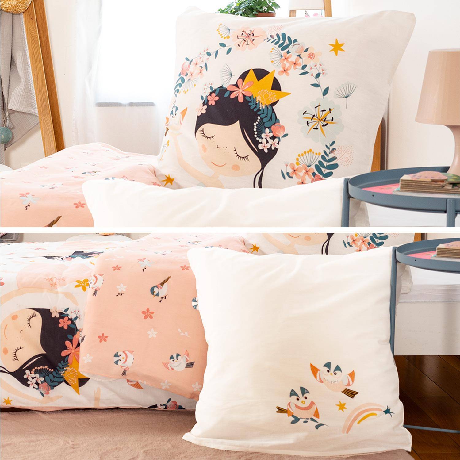 Parure de lit réversible 1 place imprimé princesse et oiseaux en polycoton, 1 housse de couette et 1 oreiller Photo4