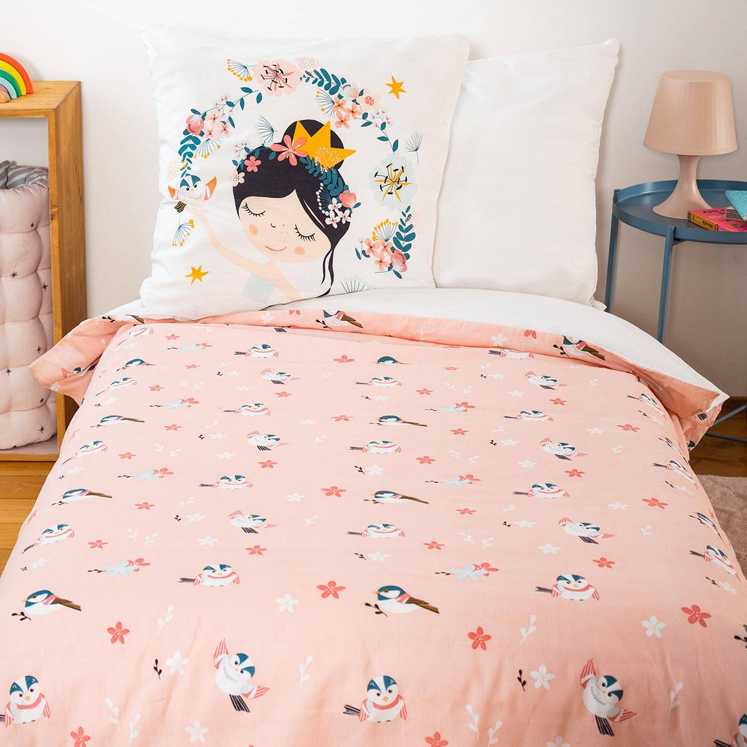 Parure de lit réversible 1 place imprimé princesse et oiseaux en polycoton, 1 housse de couette et 1 oreiller,sweeek,Photo2