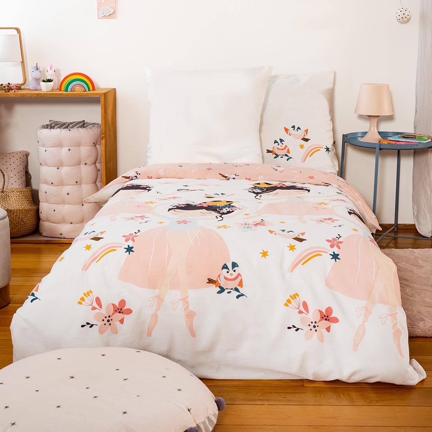 Parure de lit réversible 1 place imprimé princesse et oiseaux en polycoton, 1 housse de couette et 1 oreiller Photo1