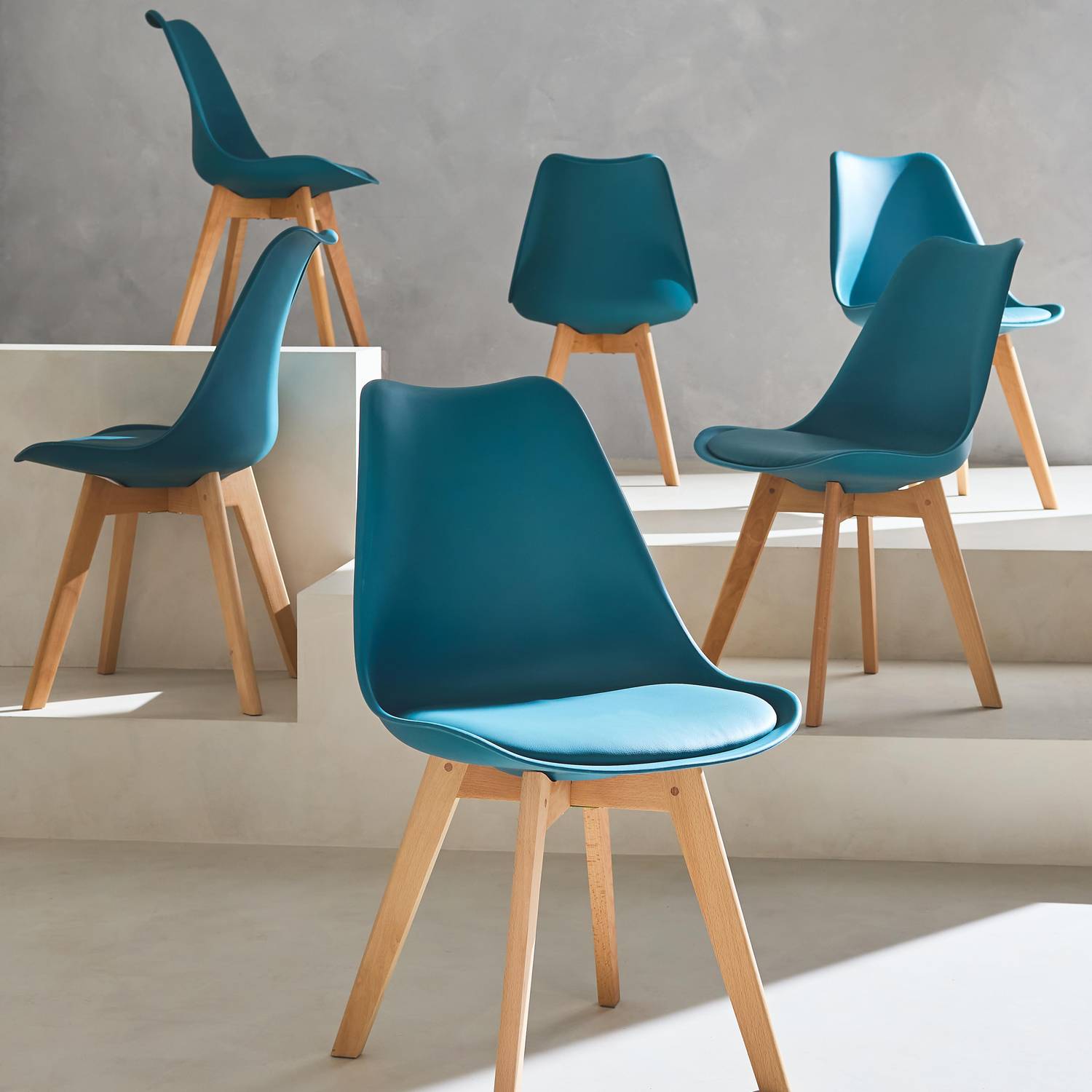 Lot de 6 chaises scandinaves, pieds bois de hêtre, chaises 1 place, bleu canard Photo1