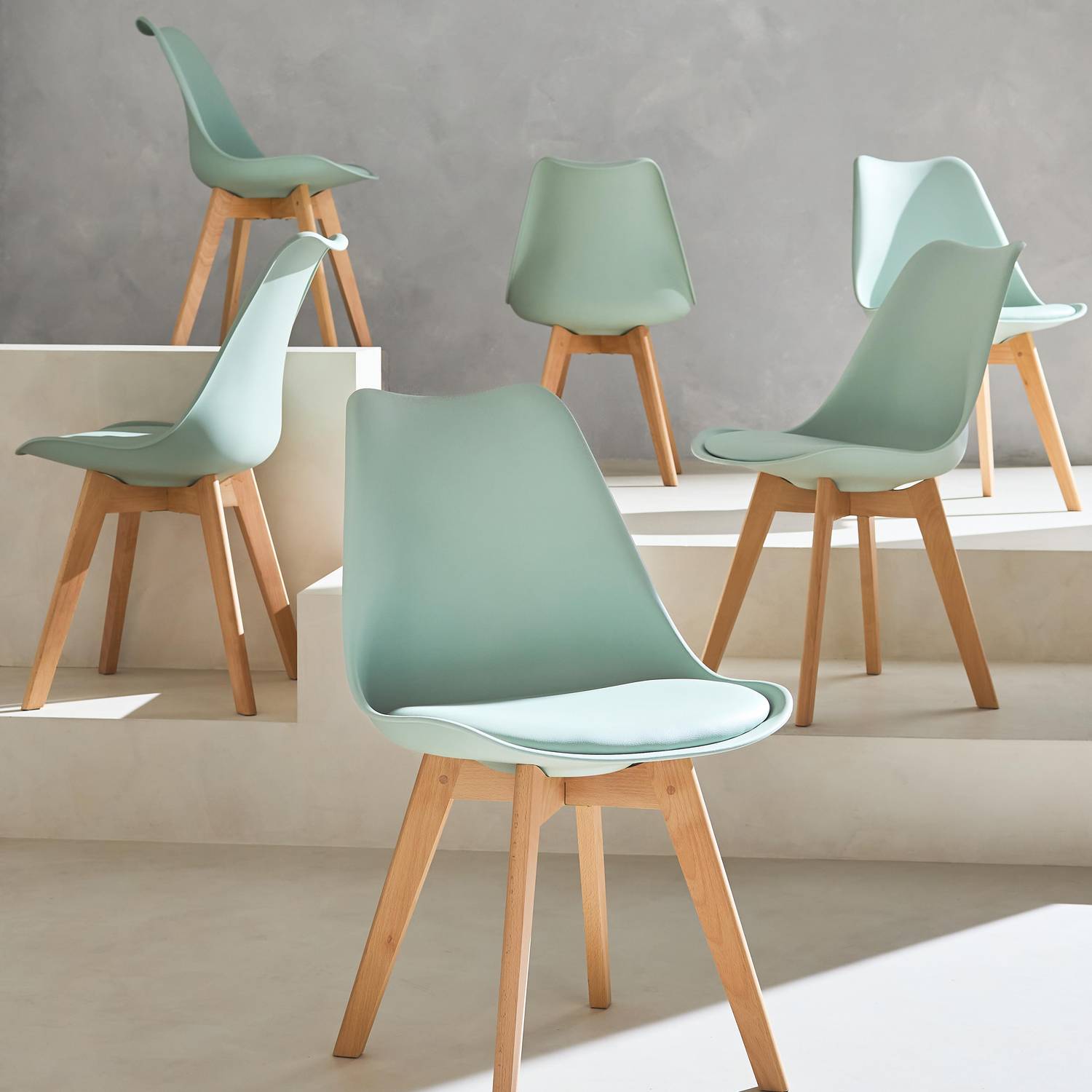 Set van 6 Scandinavische stoelen, beukenhouten poten, 1-zits, celadon groen Photo1