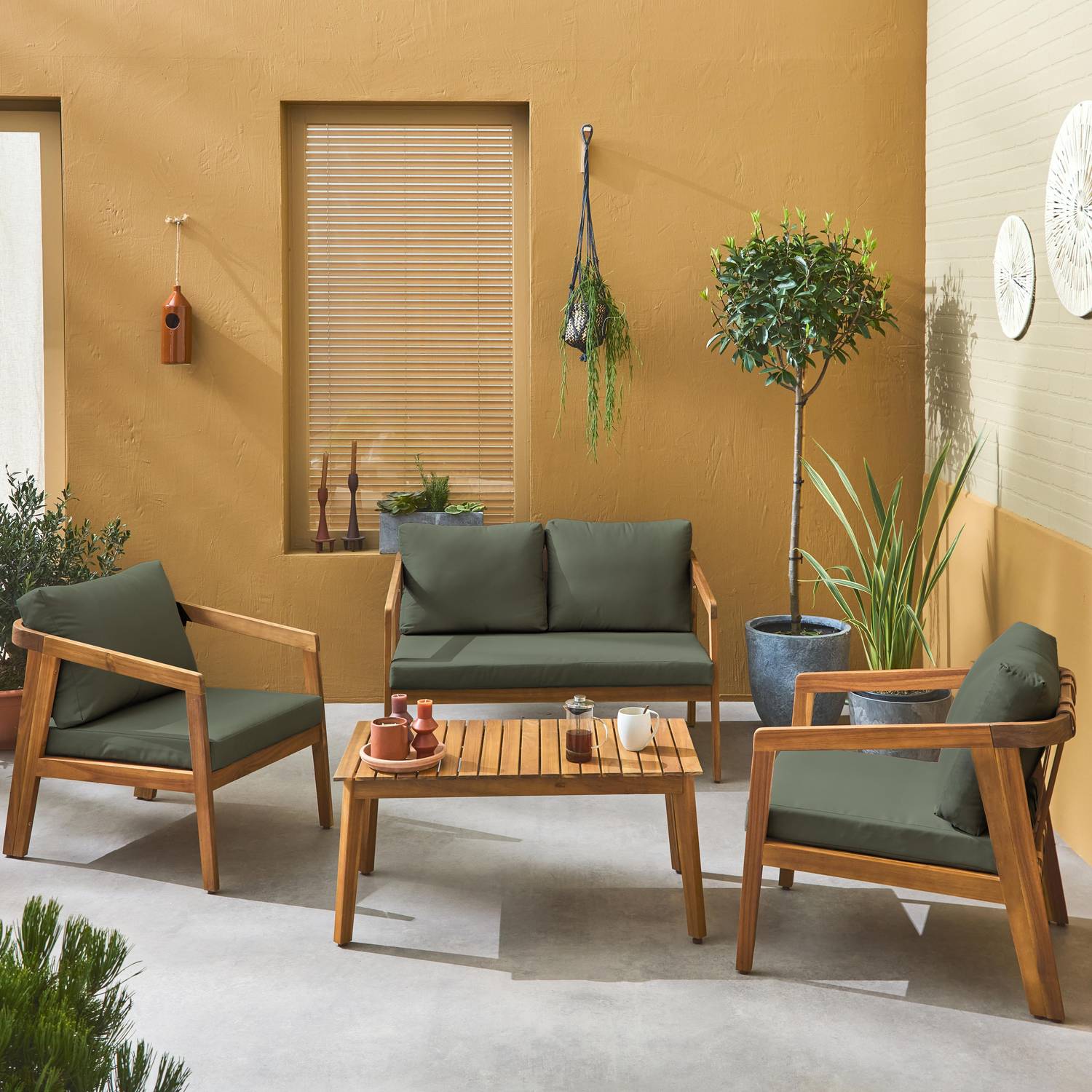 Gartenmöbelset aus FSC-Akazienholz mit khaki Bezug, 1 Sofa + 2 Sessel + 1 Tisch - Loberia Photo1