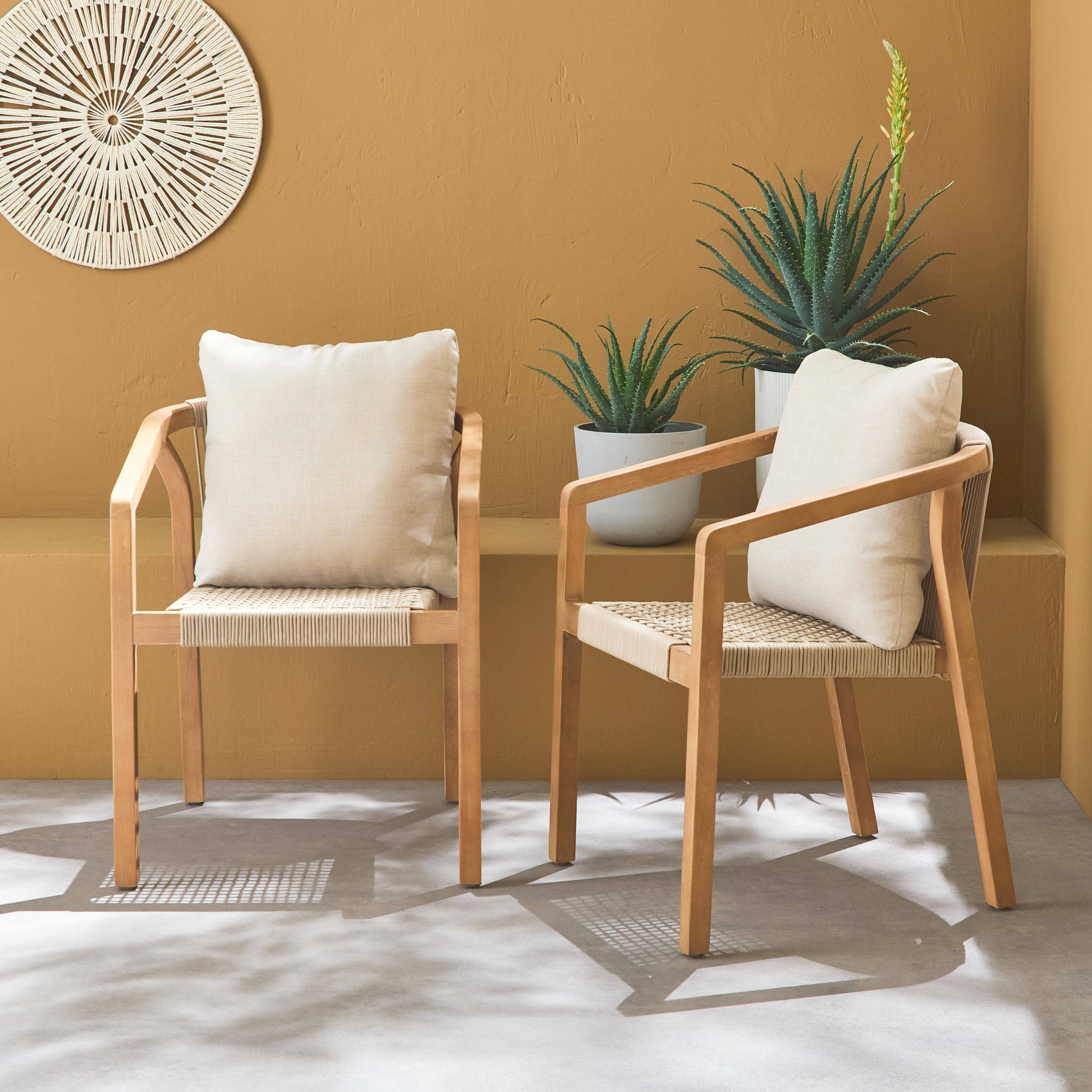Juego de 2 sillas de jardín de madera y cuerda, apilables, para interior/exterior,sweeek,Photo1