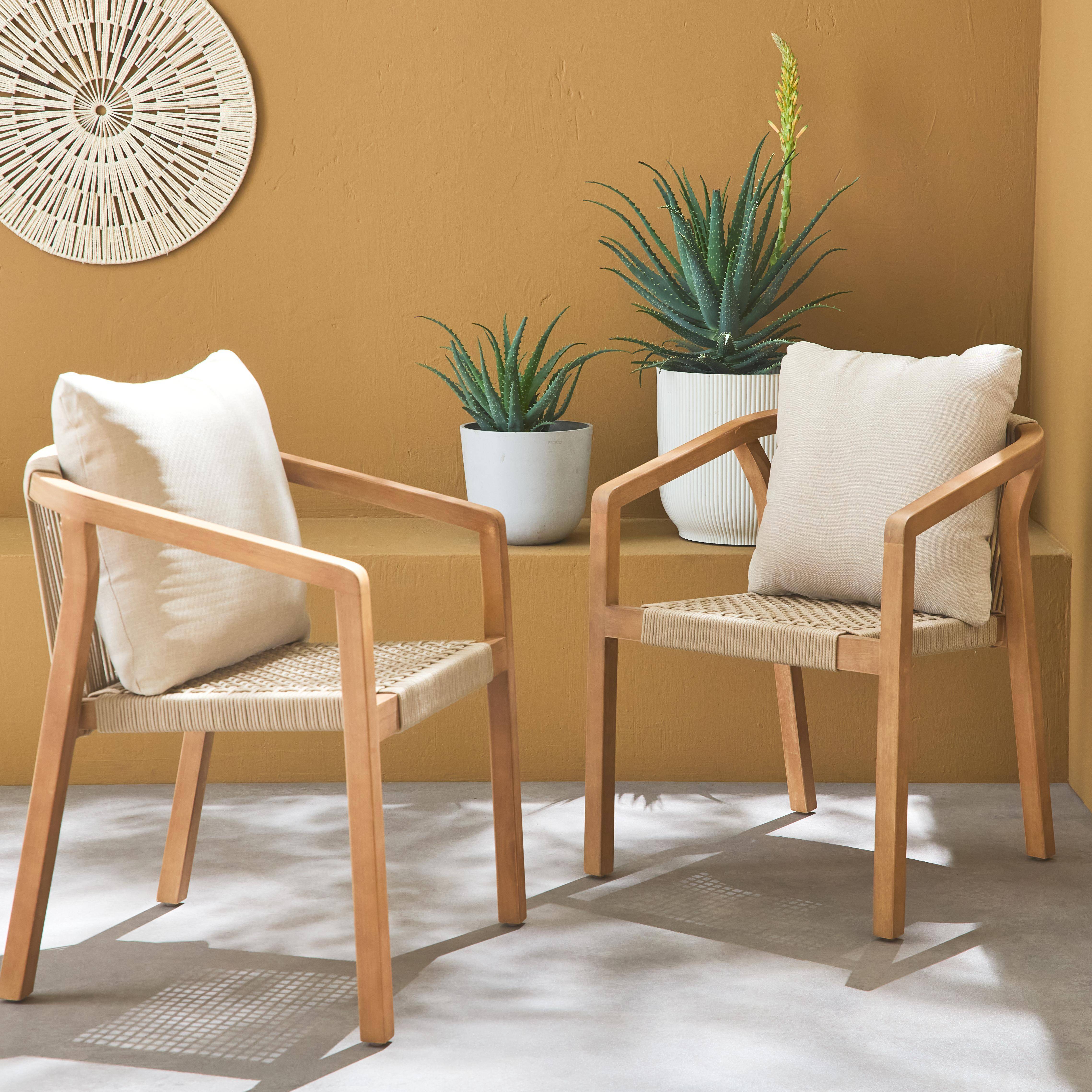 Juego de 2 sillas de jardín de madera y cuerda, apilables, para interior/exterior,sweeek,Photo2
