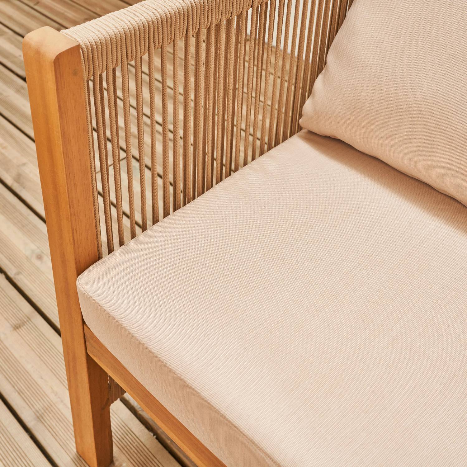Salon de jardin ALCIRA 4 places en bois d'acacia et cordes beiges et coussins beiges, 1 canapé 2 pl + 2 fauteuils + 1 table basse Photo4
