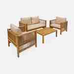 Set di mobili da giardino ALCIRA a 4 posti in legno di acacia e corde beige con cuscini beige, 1 divano a 2 posti + 2 poltrone + 1 tavolino da caffè Photo6