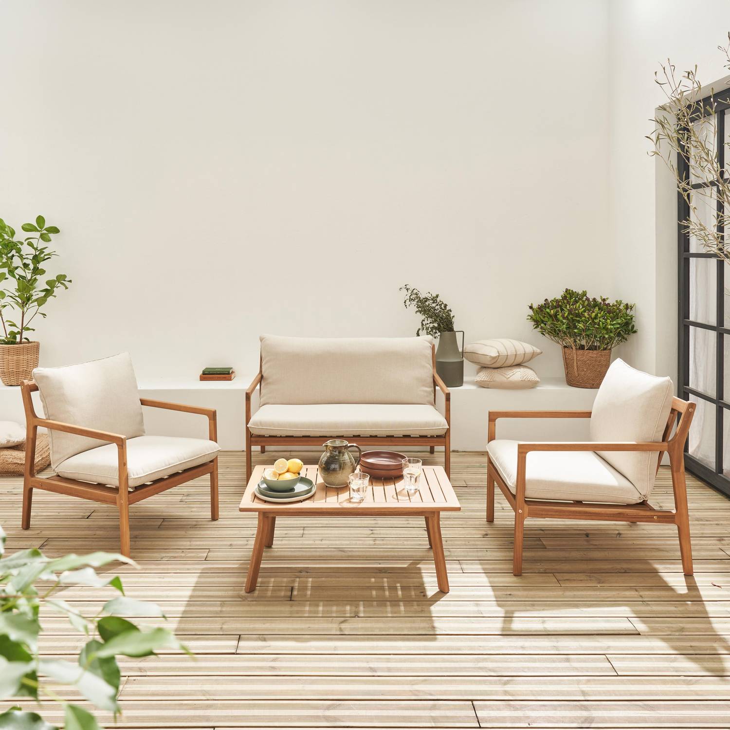 Gartenmöbelset aus FSC-Akazienholz, 1 Tisch, 1 Bank, 2 Sessel, beige, abziehbare Kissenbezüge - Nalda Photo1