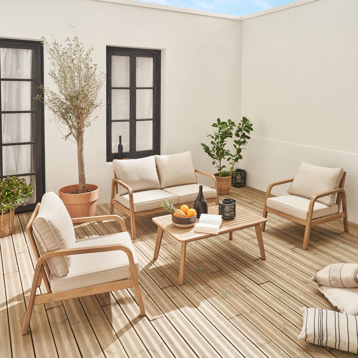 Gartenmöbelset aus FSC-Akazienholz 4 Personen beige, abnehmbare Bezüge, 2 Sessel, 1 2-Sitzer-Sofa und 1 Tisch -  Carnota Photo1