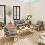 Gartenmöbelset aus FSC-Akazienholz 4 Personen grau, abnehmbare Bezüge, 2 Sessel, 1 2-Sitzer-Sofa und 1 Tisch -  Carnota Photo1