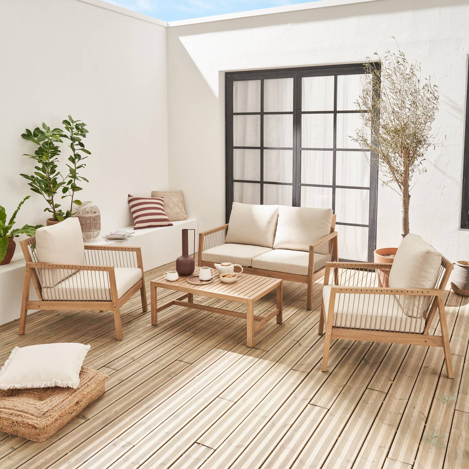 Gartenmöbelset aus FSC-Akazienholz und Seilbespannung in beige, 4 Personen, 1 Sofa, 2 Sessel, 1 Tisch - Aliste Photo1