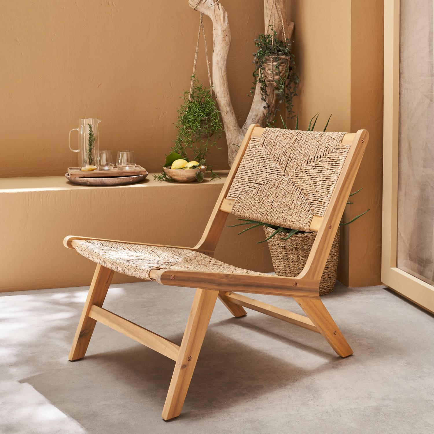 Poltrona reclinável de jardim em madeira e resina com efeito de palha, interior/exterior Photo1