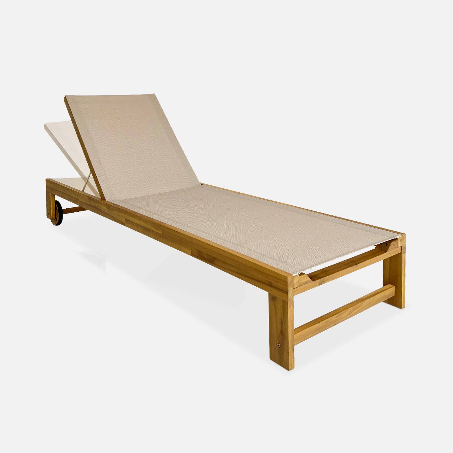 Set van 2 ligstoelen van acaciahout en beige textileen, multi-instelbaar met wielen Photo5